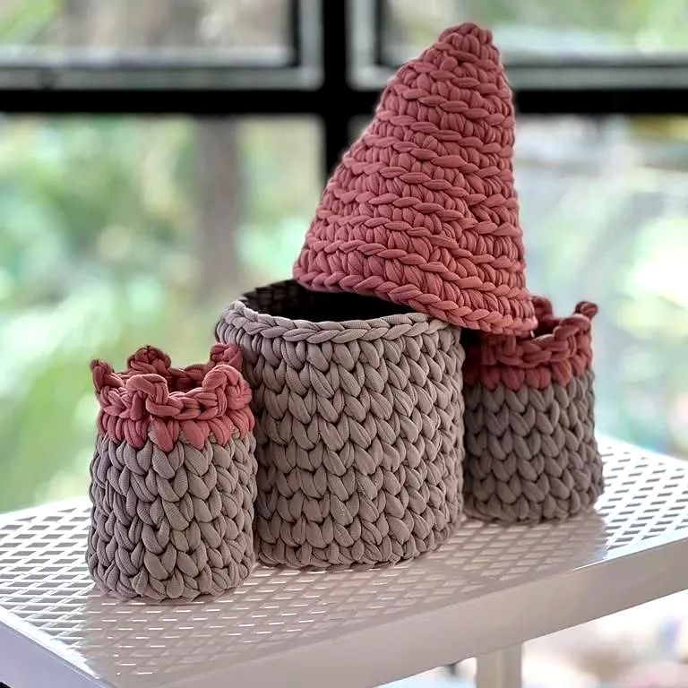 Charming Crochet Castle Baskets in Soft Gray and Blush Pink