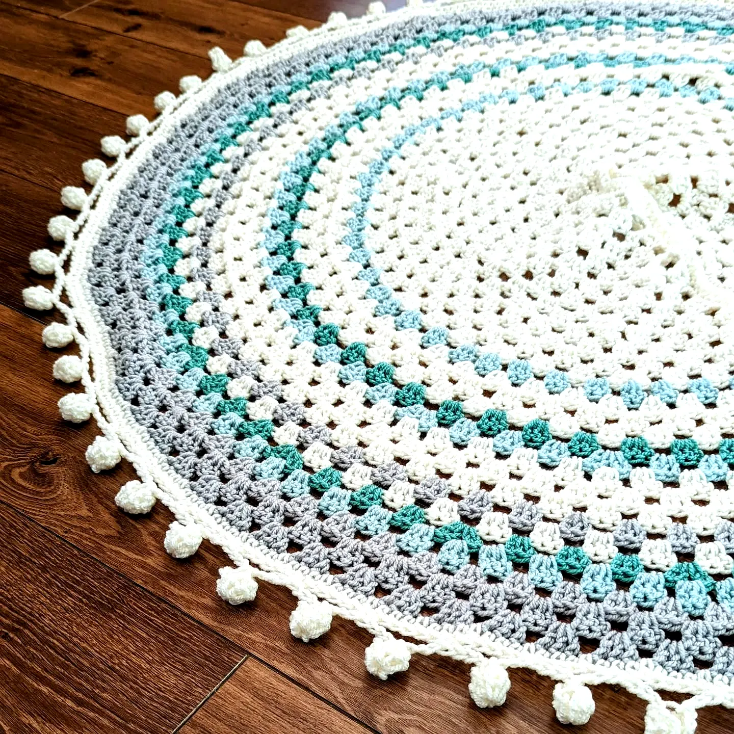 Charming Crochet Christmas Tree Skirt in Teal Gray and White