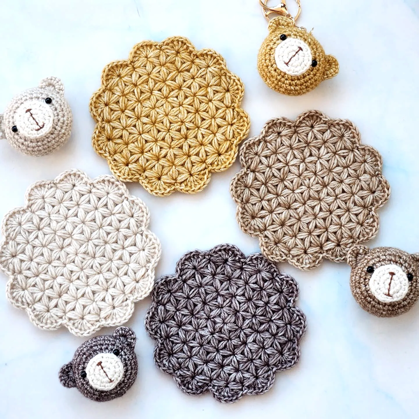 Charming Crochet Coaster Set with Floral Design and Bear Keychains