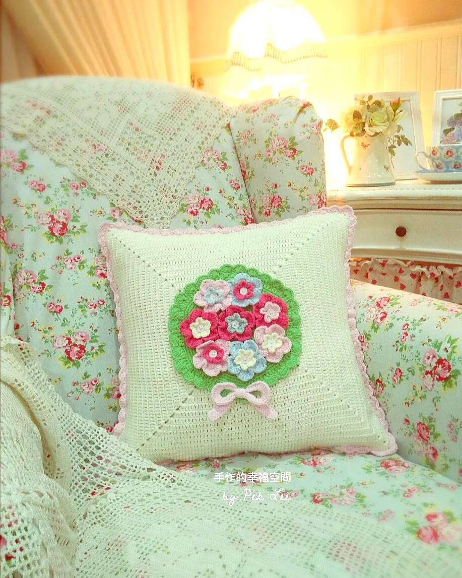 Charming Crochet Cushion Cover with Floral Wreath in Pastels