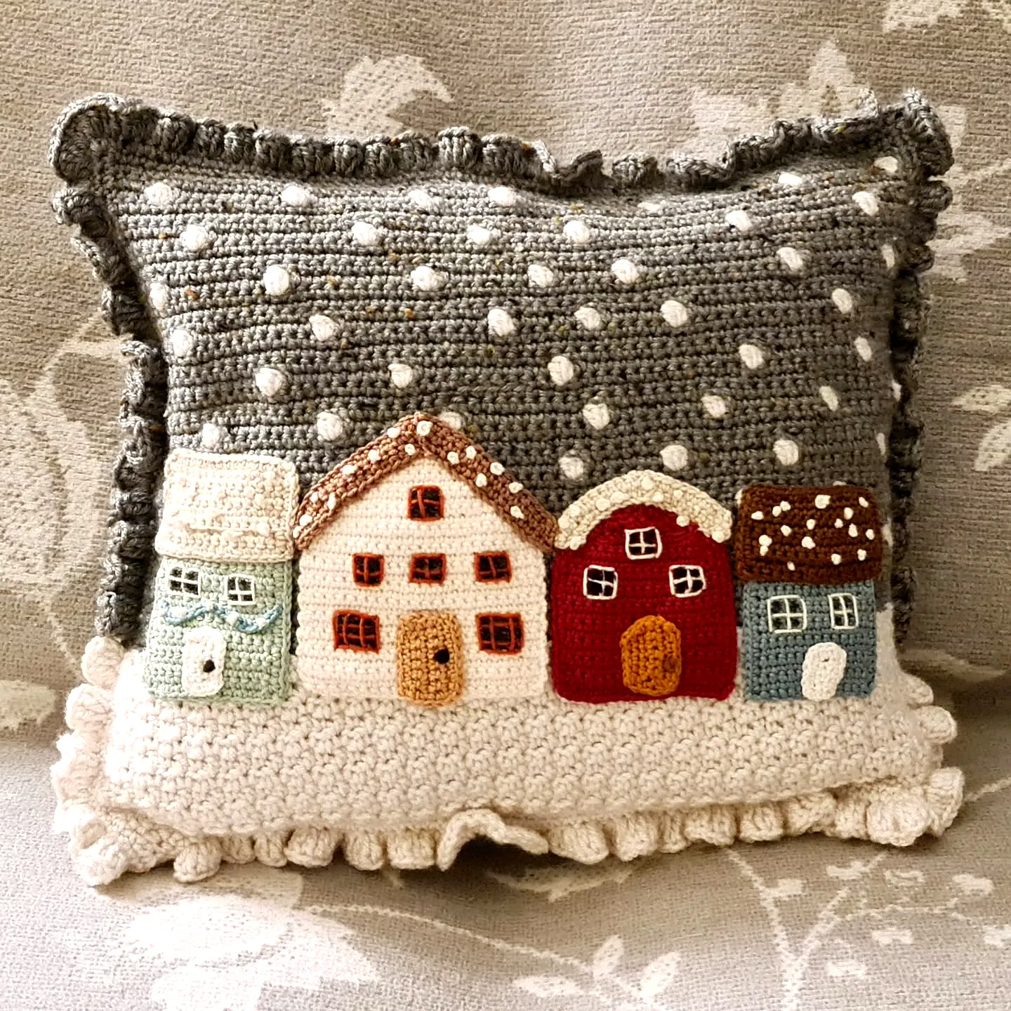 Charming Crochet Cushion with Cozy Village in Lovely Colors