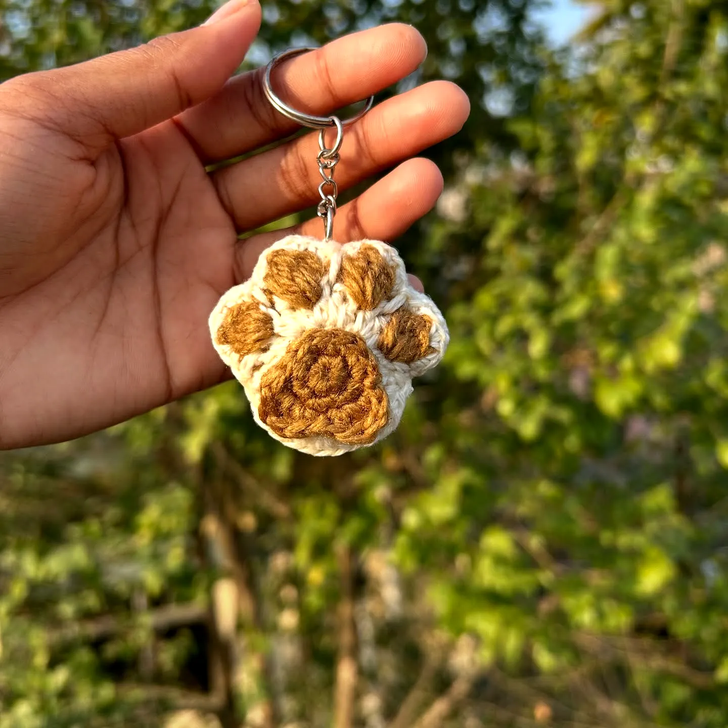 Charming Crochet Dog Paw Print Keychain in Cream and Brown