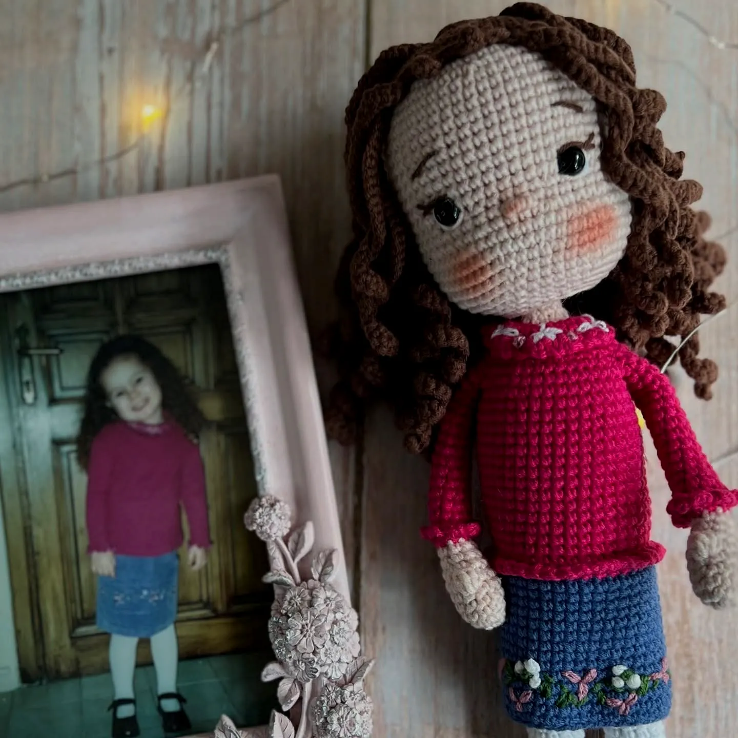 Charming Crochet Doll in Vibrant Pink and Denim Blue