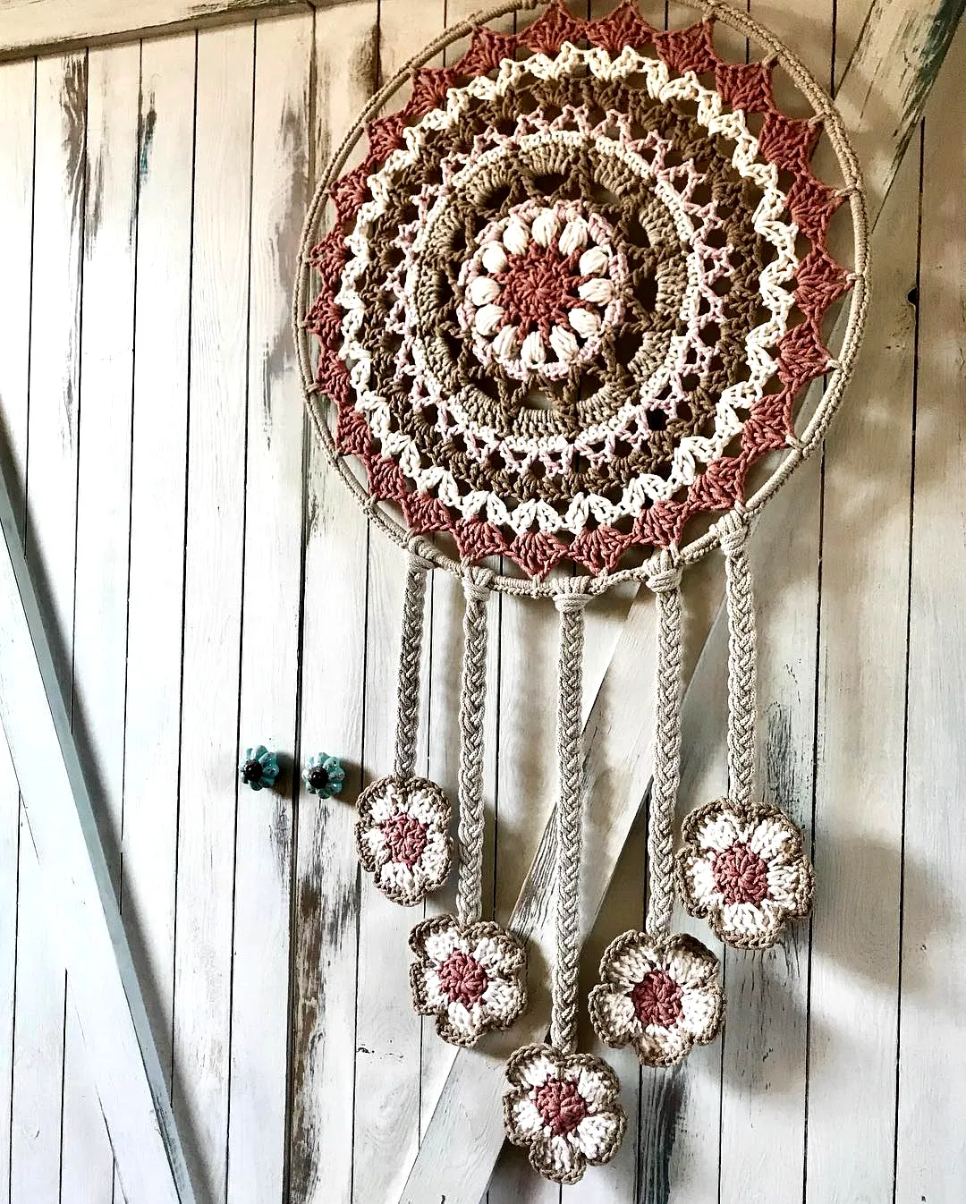 Charming Crochet Dream Catcher in Soft Pink and Beige Tones
