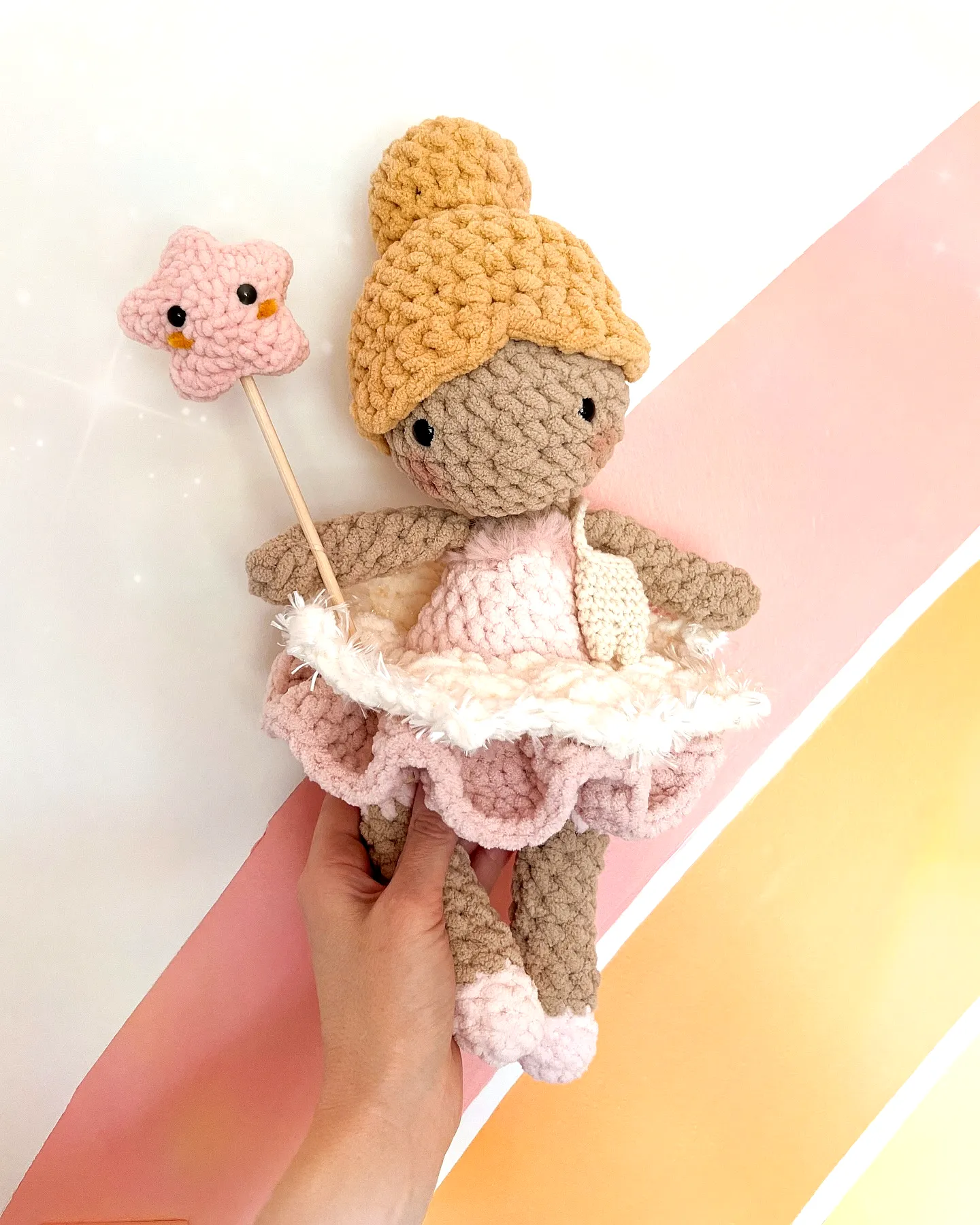 Charming Crochet Fairy Doll in Neutral Tones with Pink Tutu
