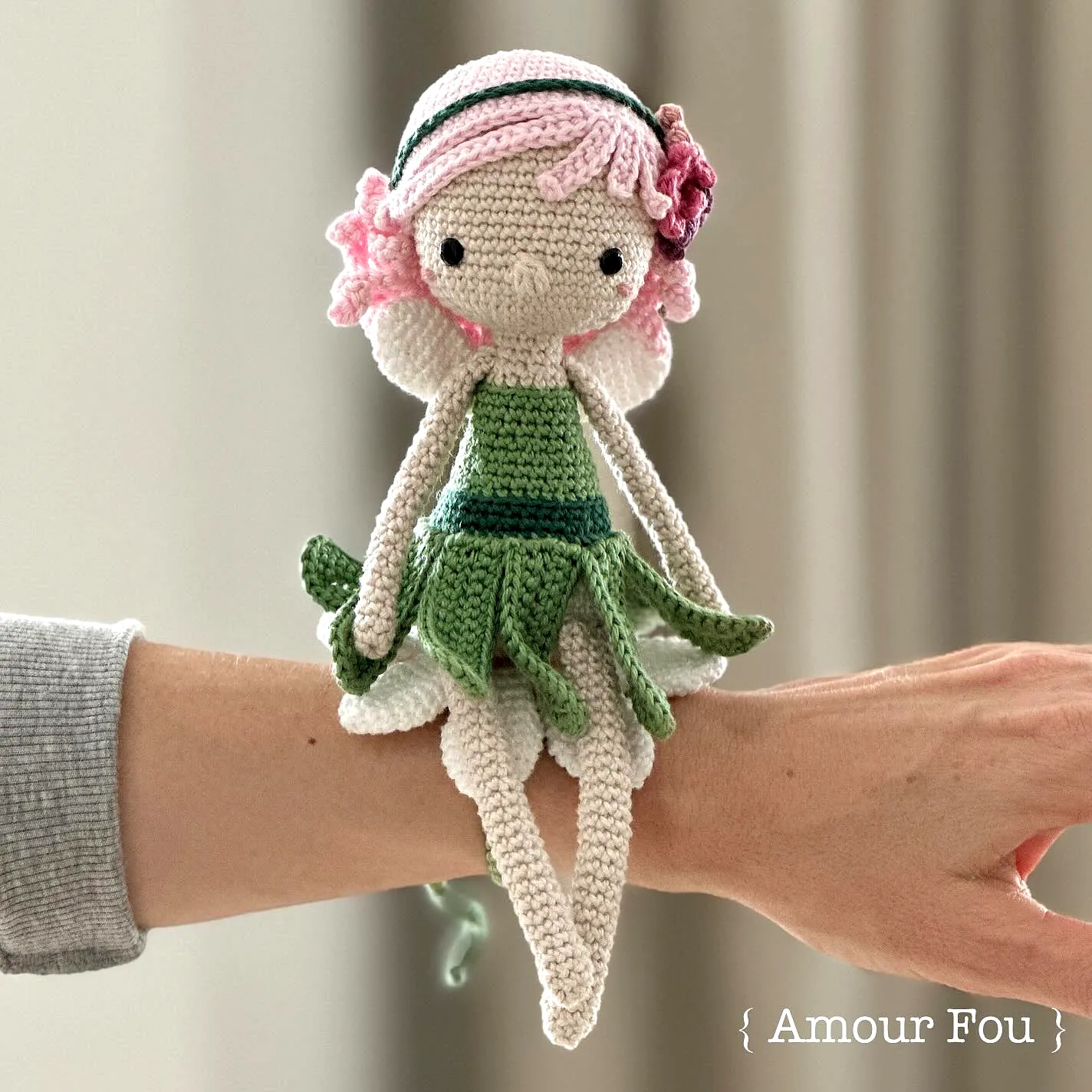 Charming Crochet Fairy Doll in Vibrant Green and Pink