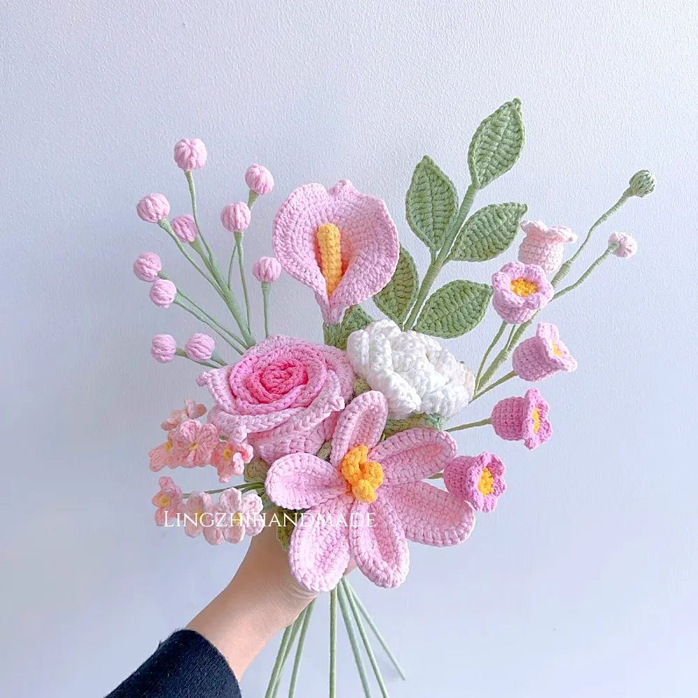 Charming Crochet Flower Bouquet in Soft Pink and Green Tones
