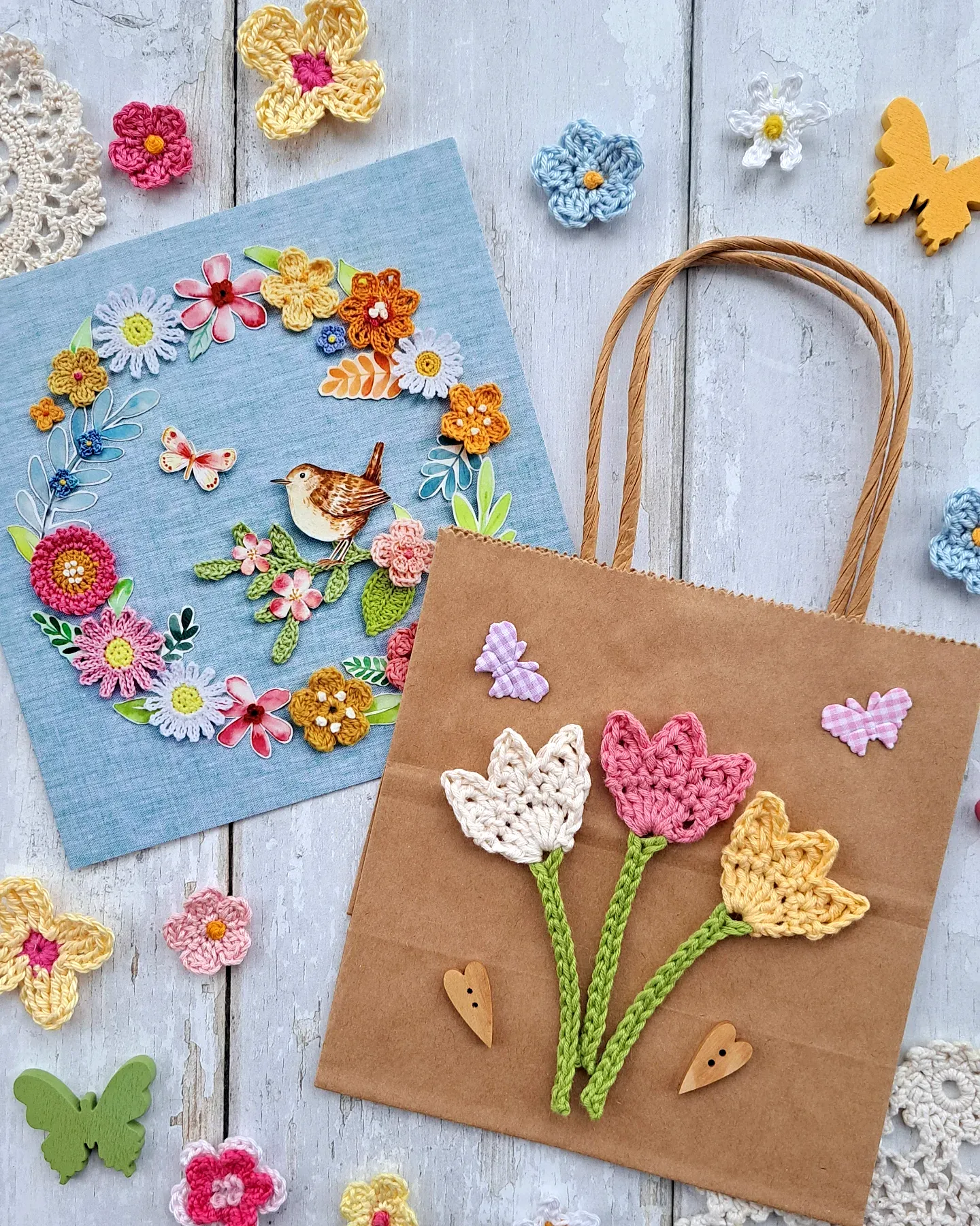 Charming Crochet Gift Wrap with Pastel Tulips and Flowers