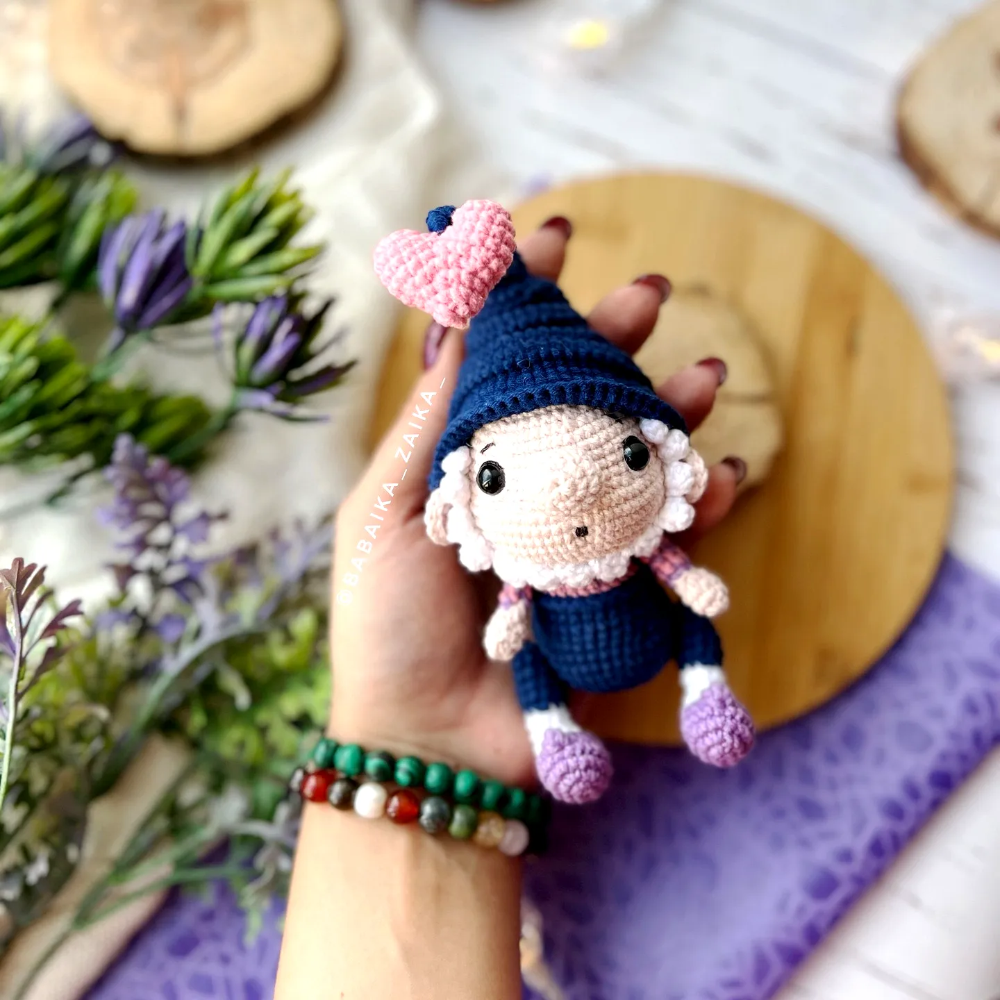 Charming Crochet Gnome with Blue Hat and Pink Heart Design