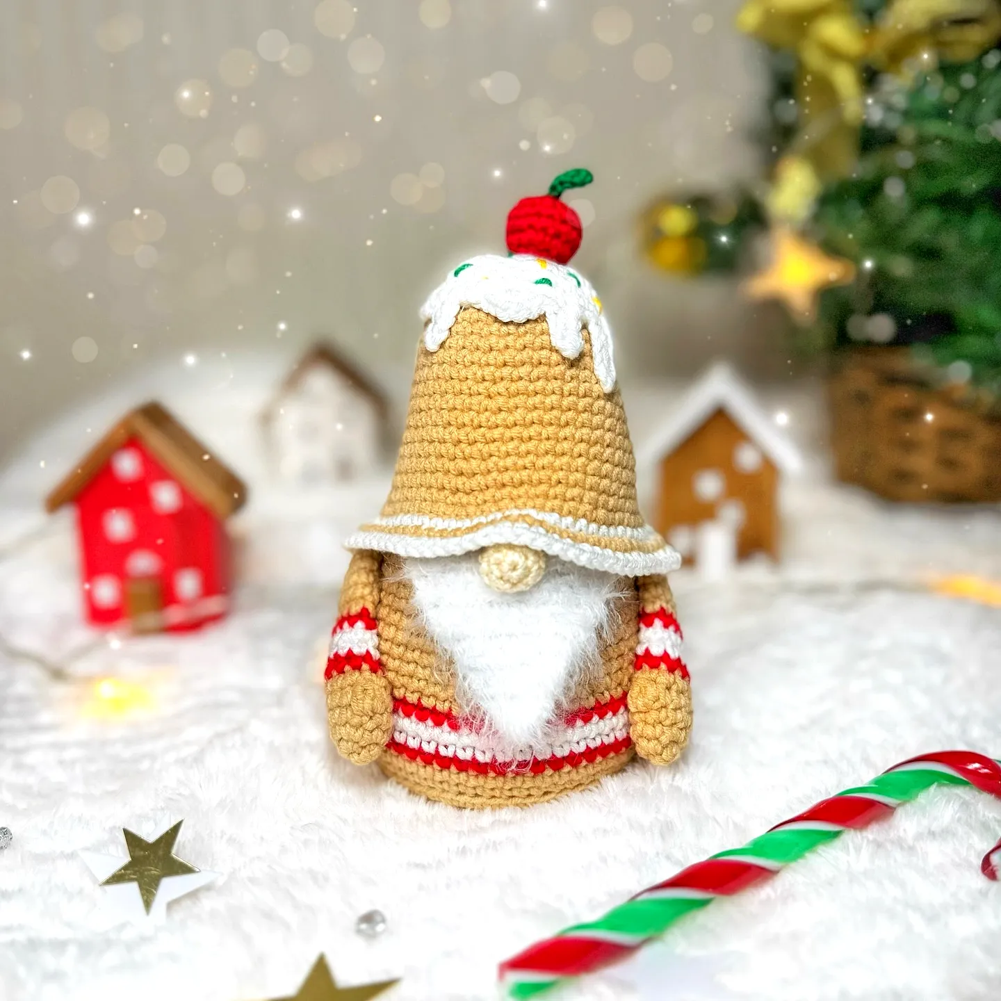 Charming Crochet Gnome with Festive Stripes and Cherry Top