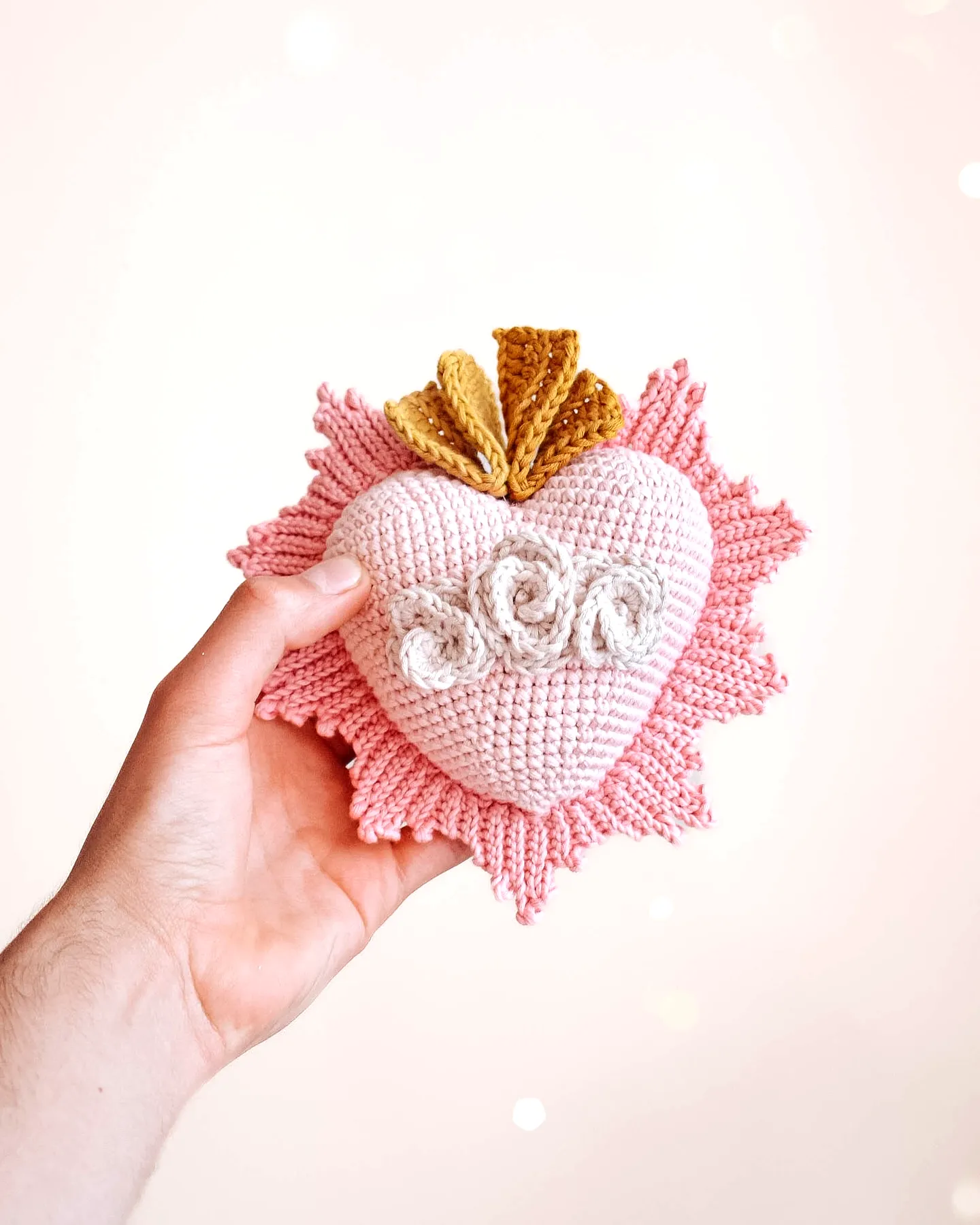 Charming Crochet Heart in Soft Pink and Cream with Golden Accents