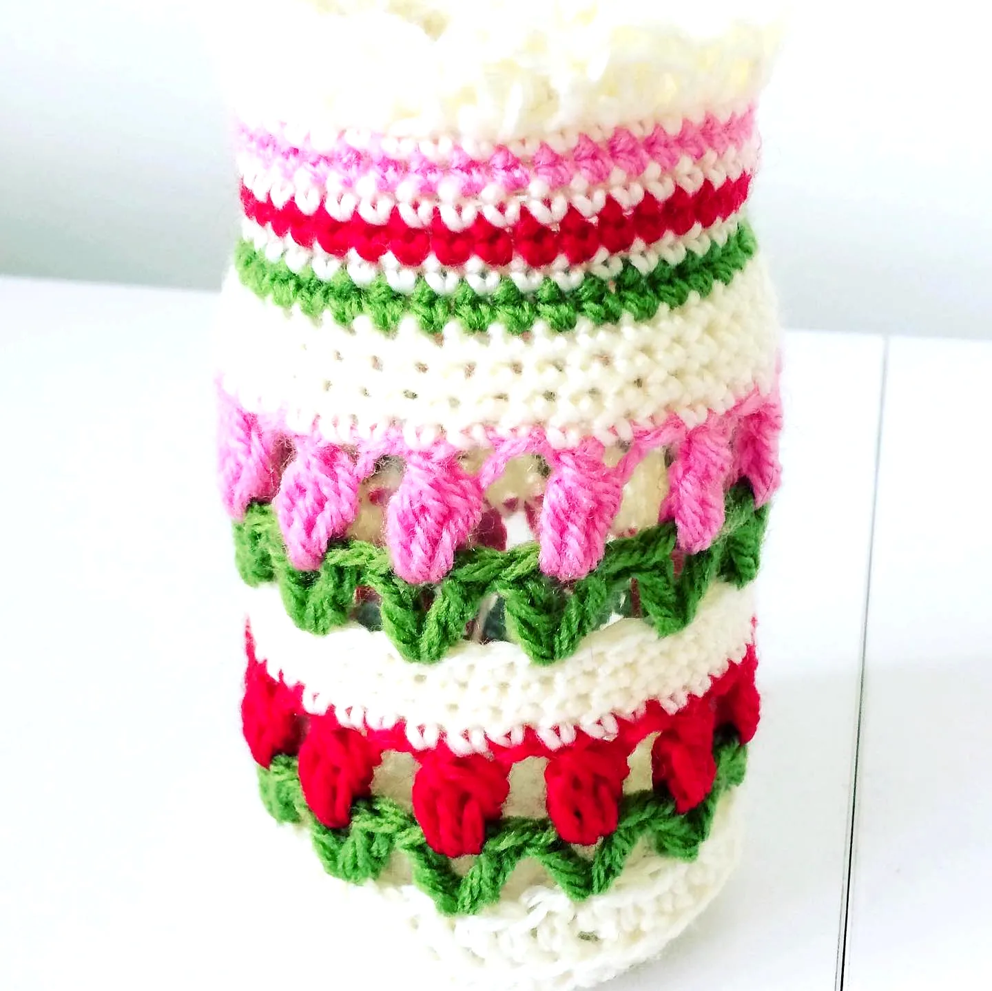 Charming Crochet Jar Cover in Vibrant Colors and Floral Style