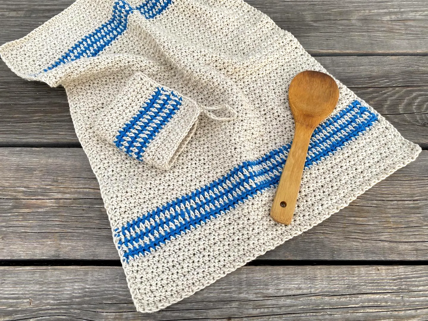 Charming Crochet Kitchen Towel in Cream with Blue Stripes