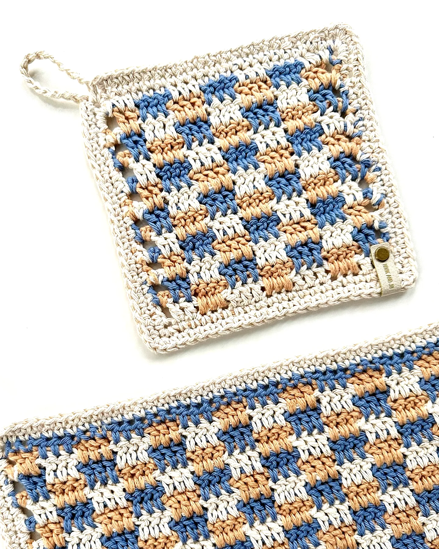Charming Crochet Kitchen Towel in Soft Beige Blue and Cream