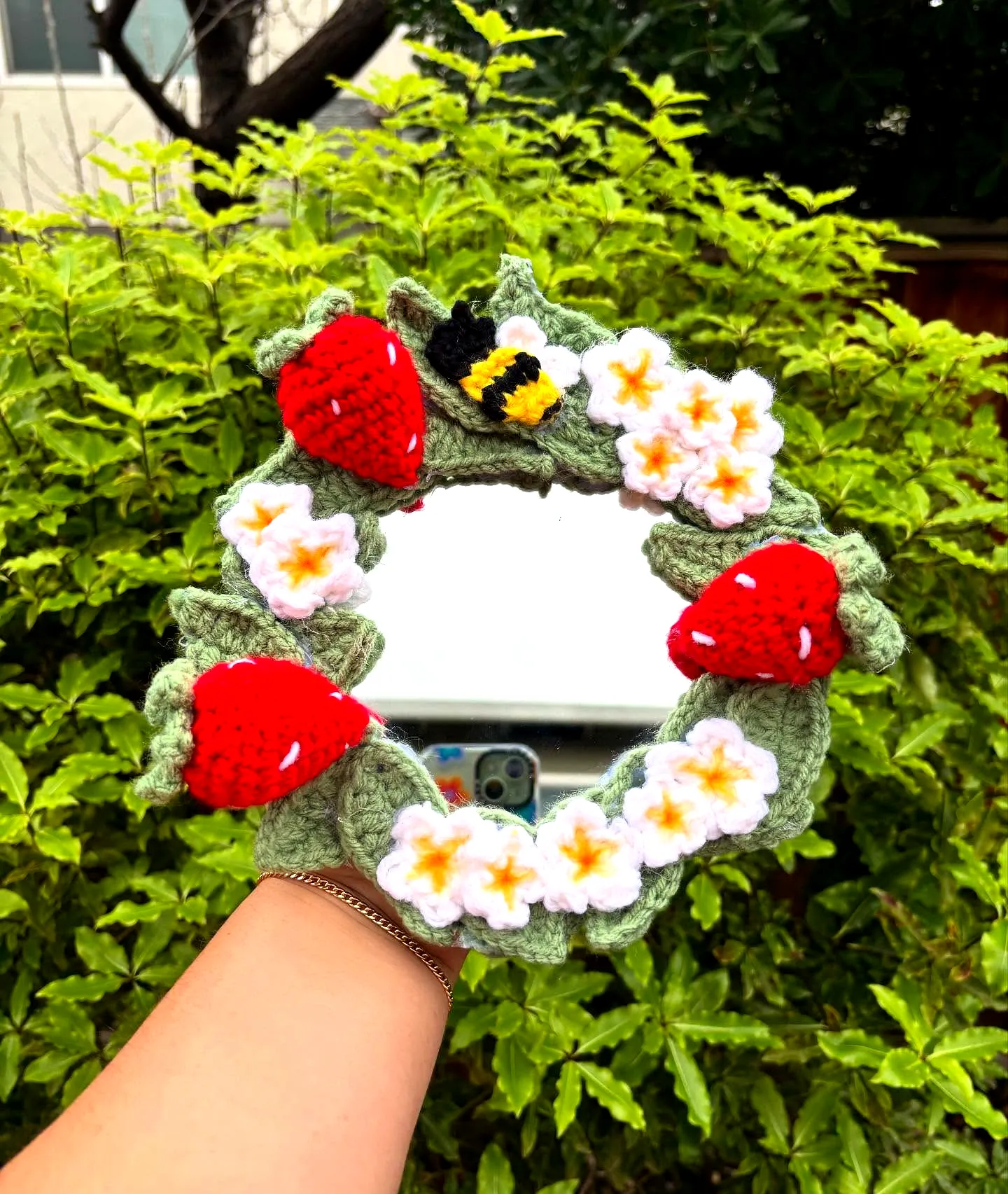 Charming Crochet Mirror Frame with Colorful Strawberries and Flowers