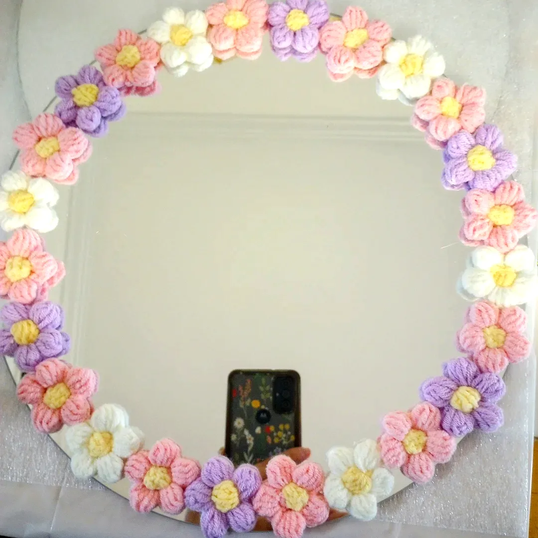 Charming Crochet Mirror Frame with Pastel Floral Design