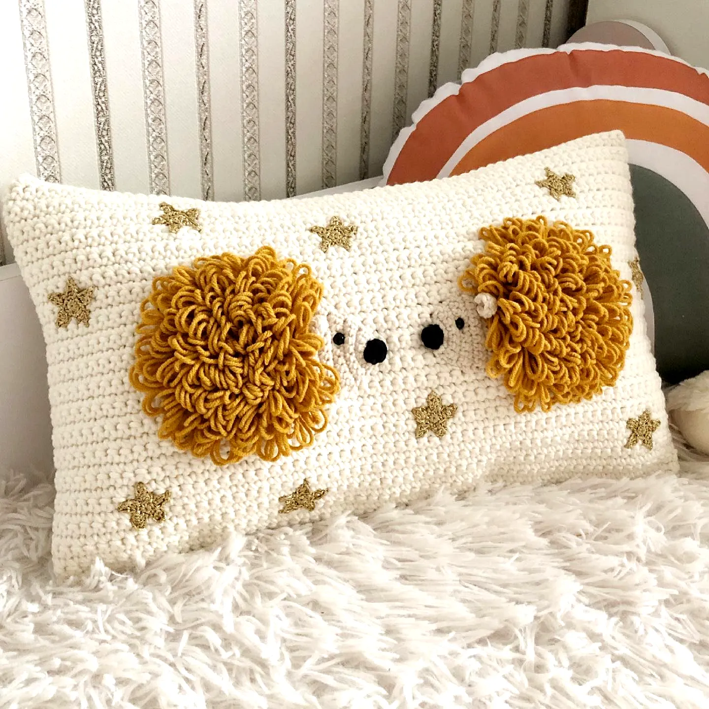 Charming Crochet Nursery Decor Pillow in Warm Yellow and Cream