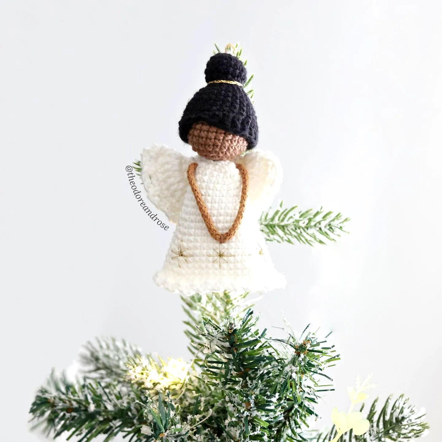 Charming Crochet Ornament Angel in White Dress and Brown Hair