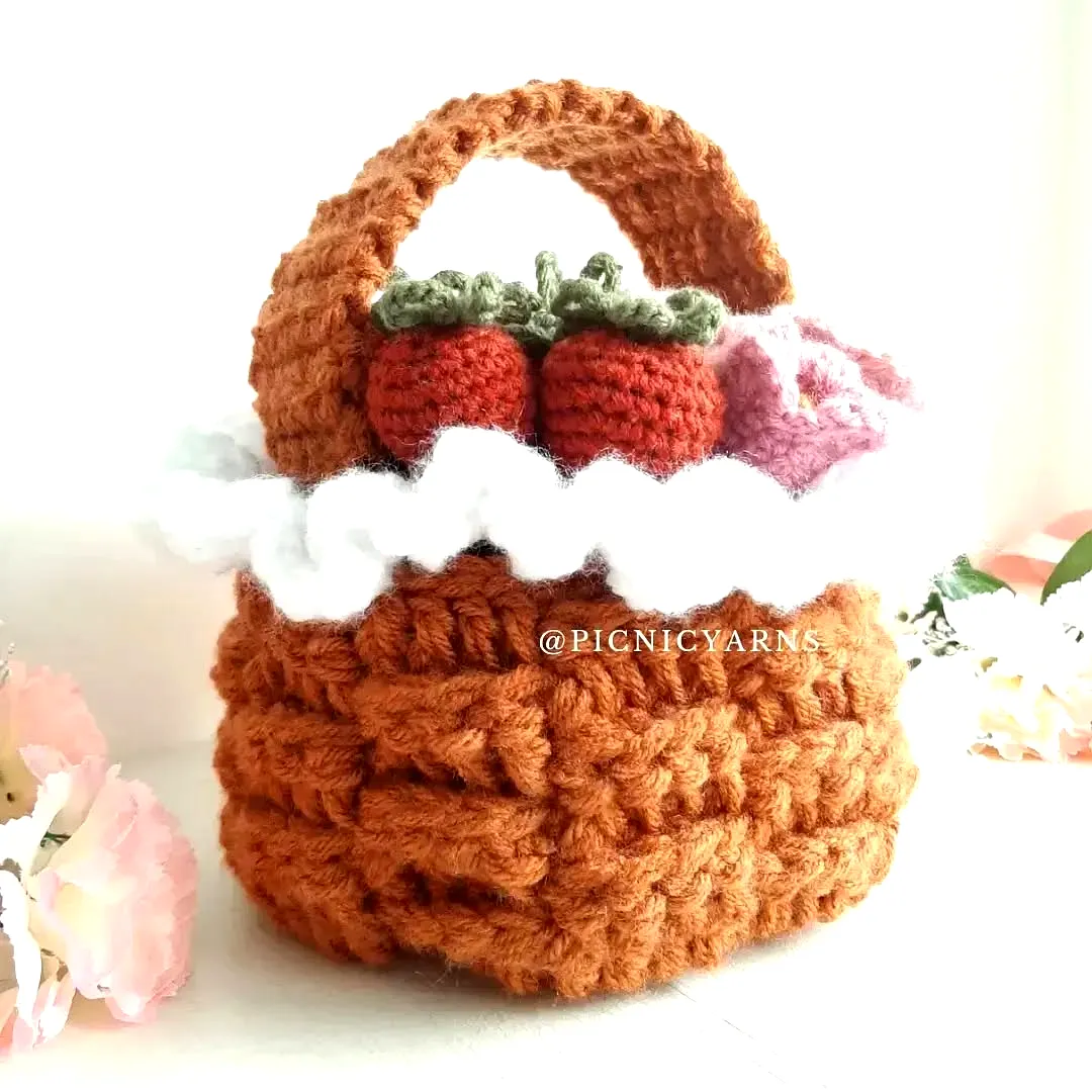 Charming Crochet Picnic Basket in Vibrant Orange with Strawberries