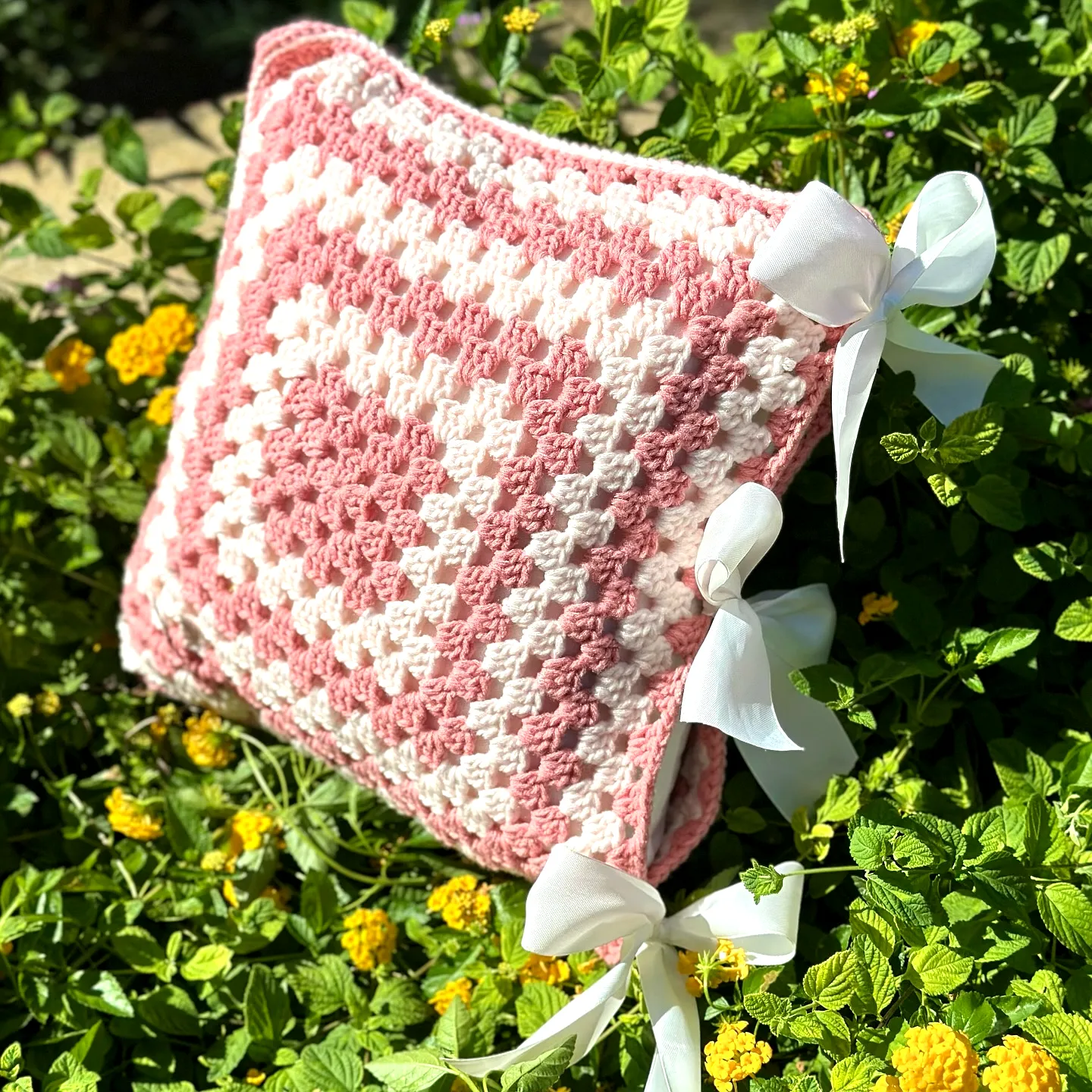 Charming Crochet Pillow in Pink and White Granny Square Style