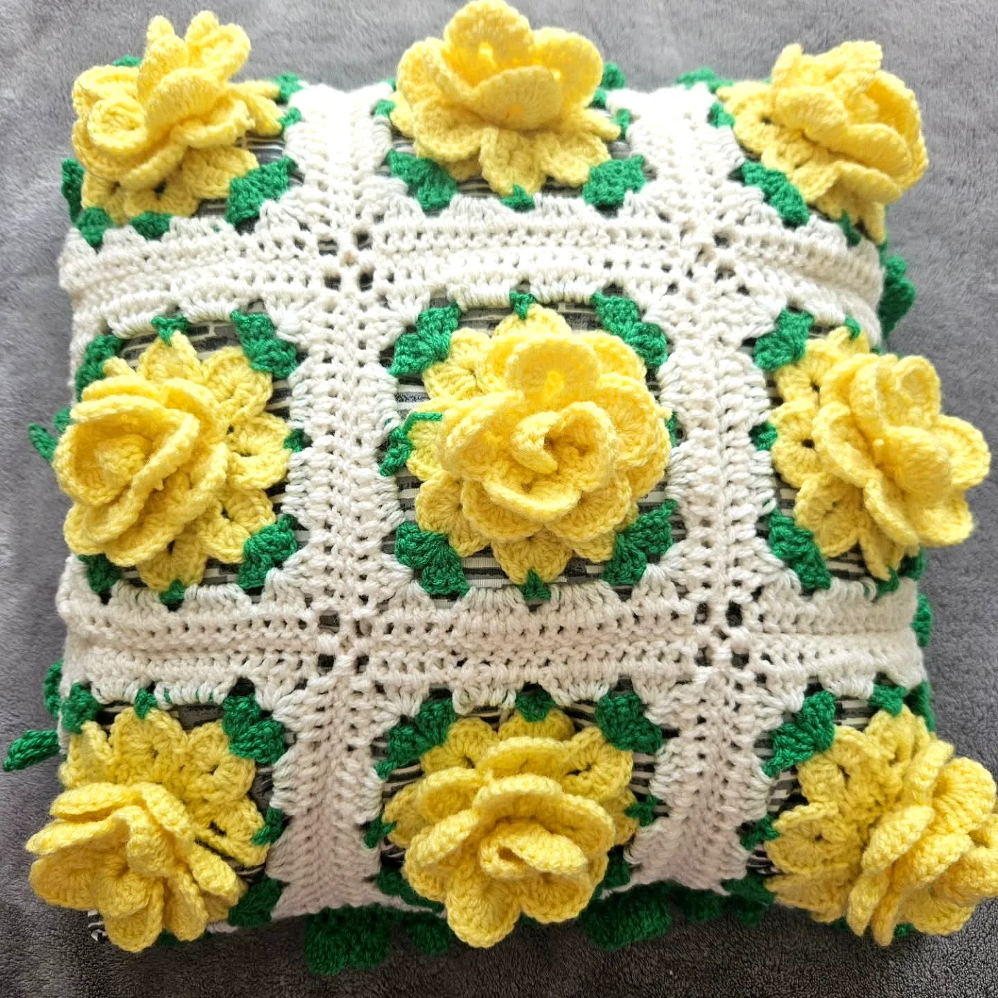 Charming Crochet Pillow with Floral Design in Bright Colors
