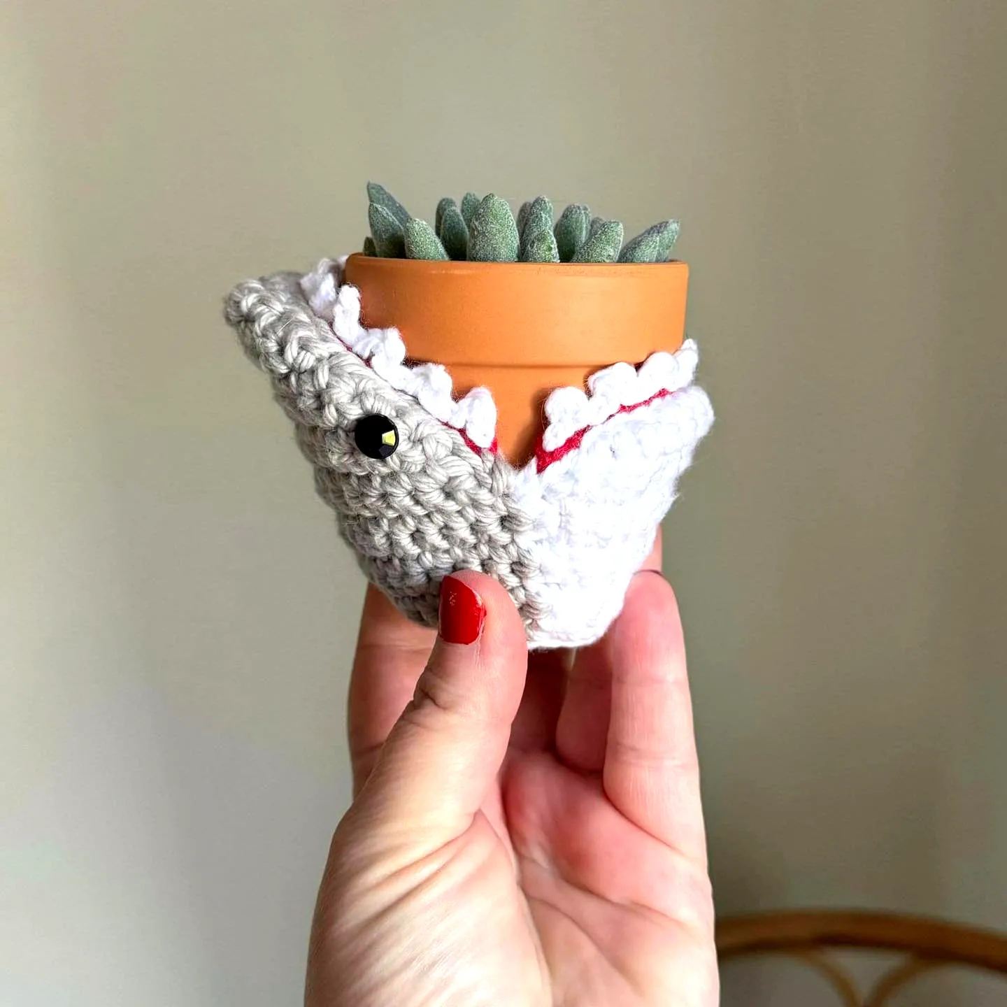 Charming Crochet Plant Cozy in Soft Gray and White Fish Design