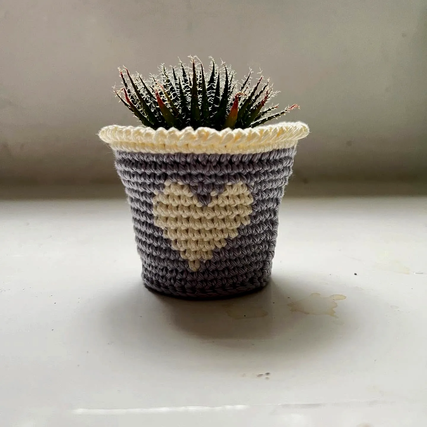 Charming Crochet Plant Pot Cover in Heart Motif Gray and Cream