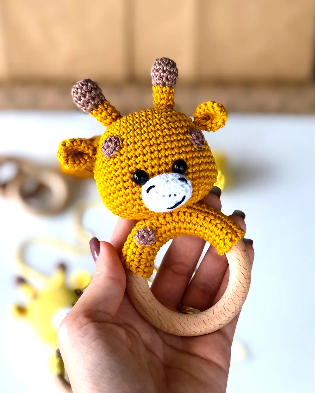 Charming Crochet Rattle Giraffe in Vibrant Yellow and Brown