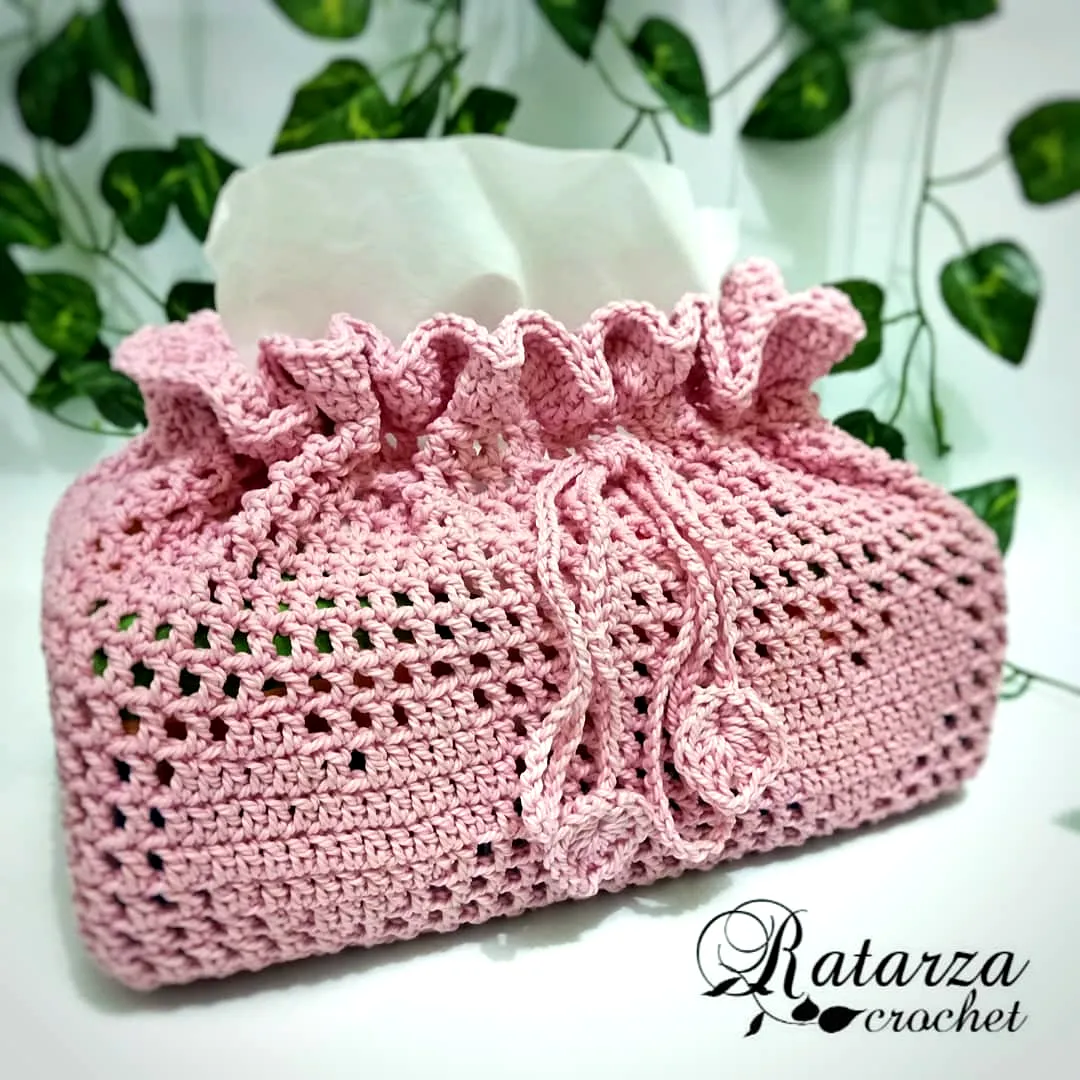 Charming Crochet Tissue Box Cover in Soft Pink with Frilly Top