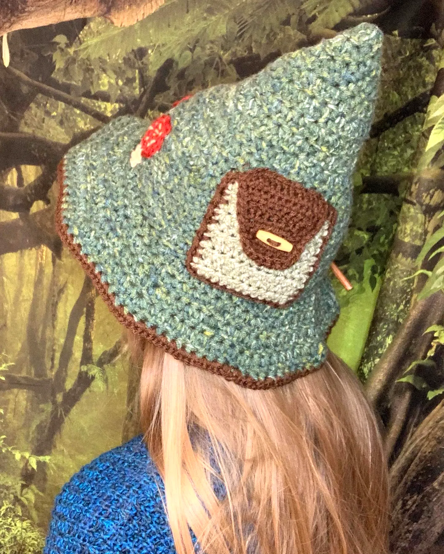 Charming Crochet Wizard Hat in Teal Brown and Red Shades