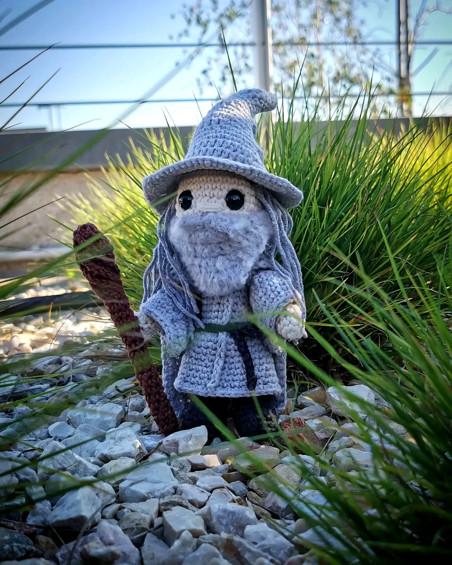 Charming Crochet Wizard in Gray with Detailed Design Elements