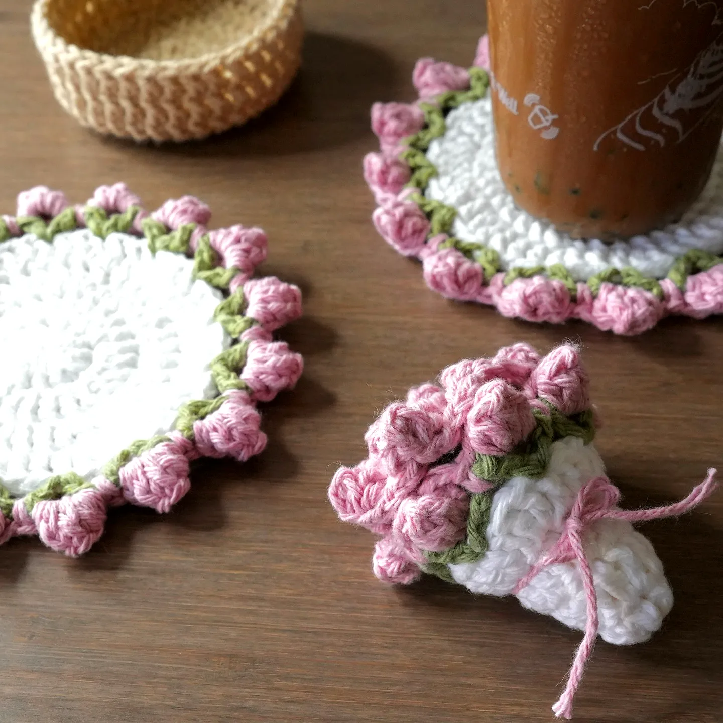 Charming Floral Crochet Coaster Set with Ice Cream Cone Design