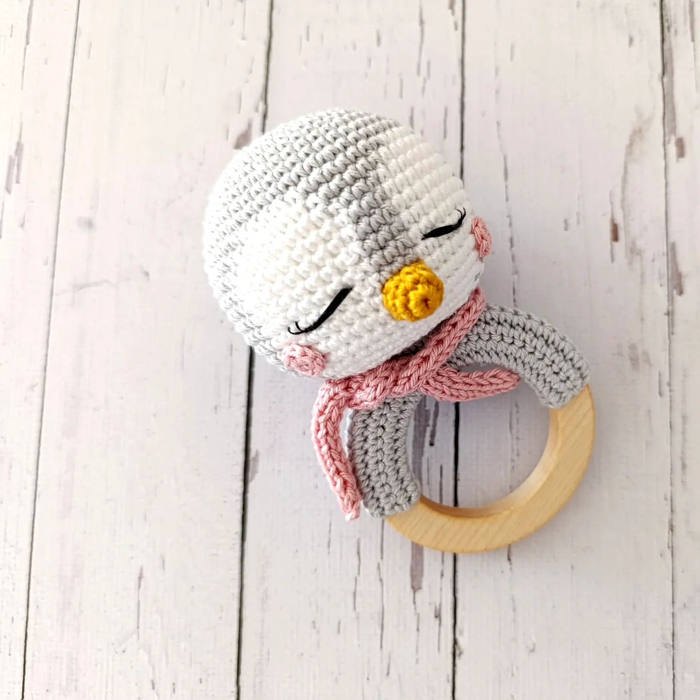 Charming Gray and Blush Crochet Rattle with Bird Design