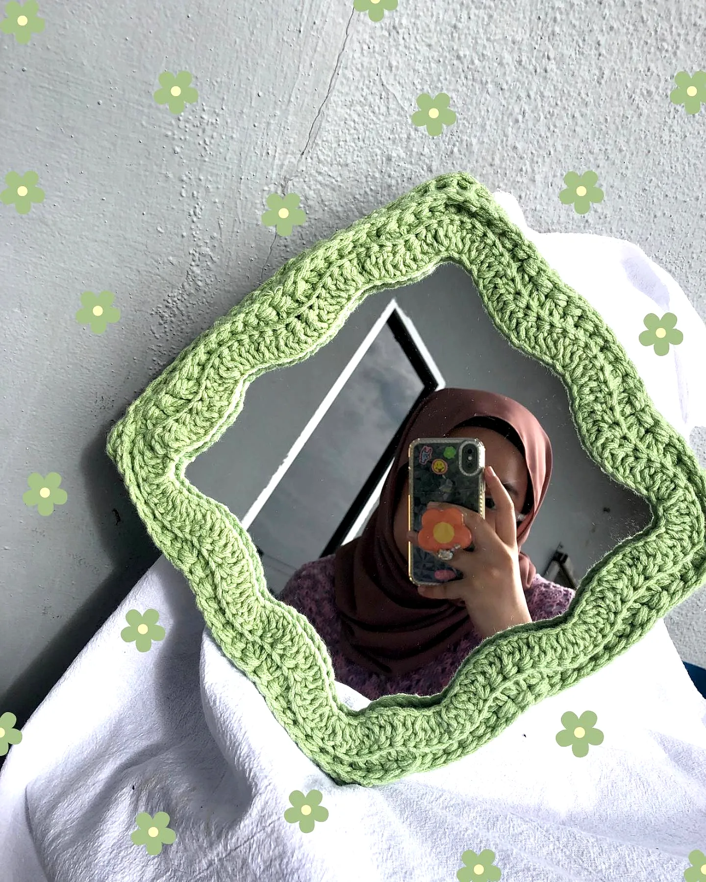 Charming Light Green Crochet Mirror Frame for Mid-Level Crafters