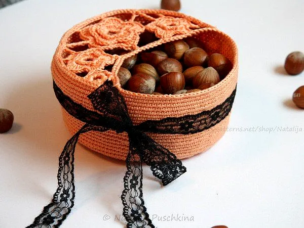 Charming Peach Crochet Basket Organizer with Lace Accents