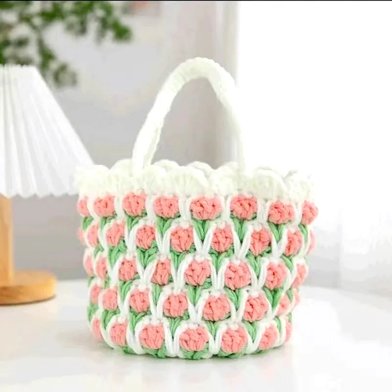 Charming Pink and Green Crochet Gift Bag