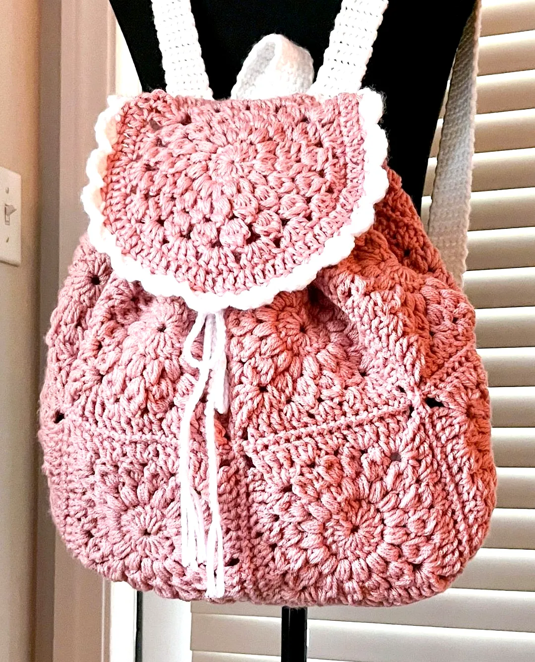 Charming Pink Crochet Backpack with Scalloped Accents