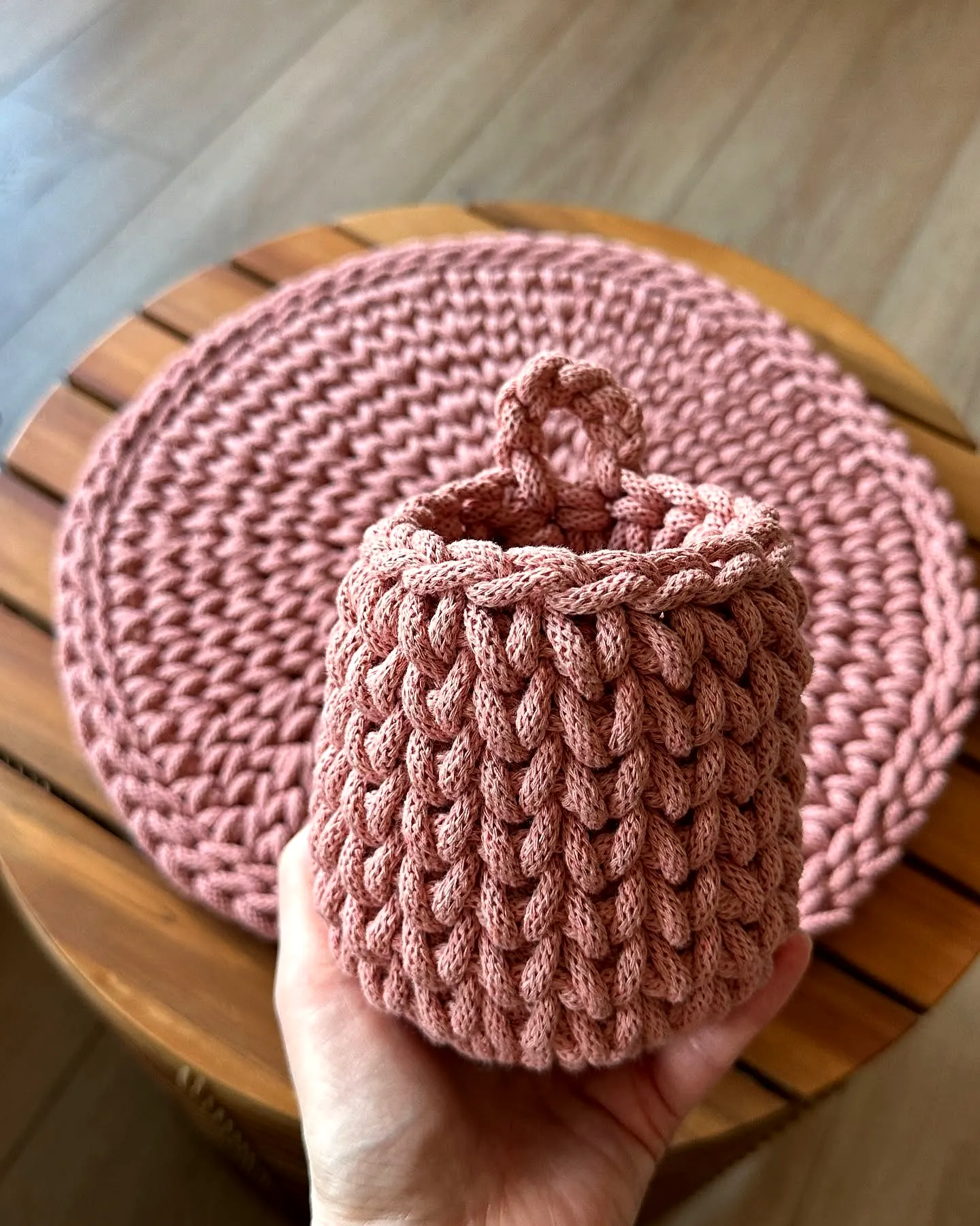 Charming Pink Crochet Basket with Textured Stitch for Organizing