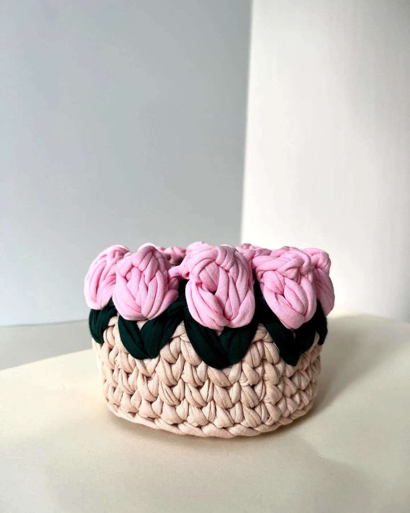 Charming Pink Floral Crochet Basket