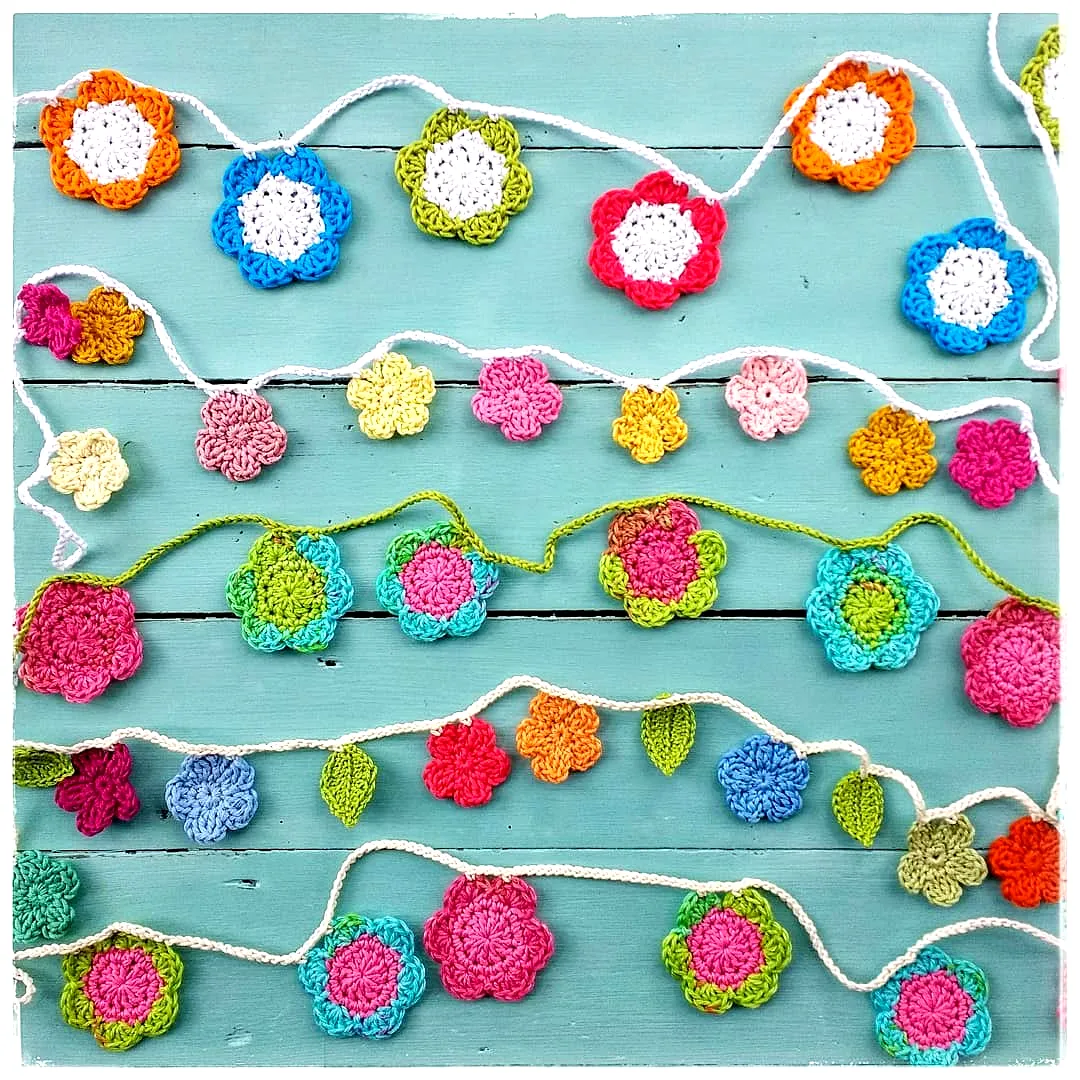 Cheerful Crochet Garland of Colorful Flowers and Leaves