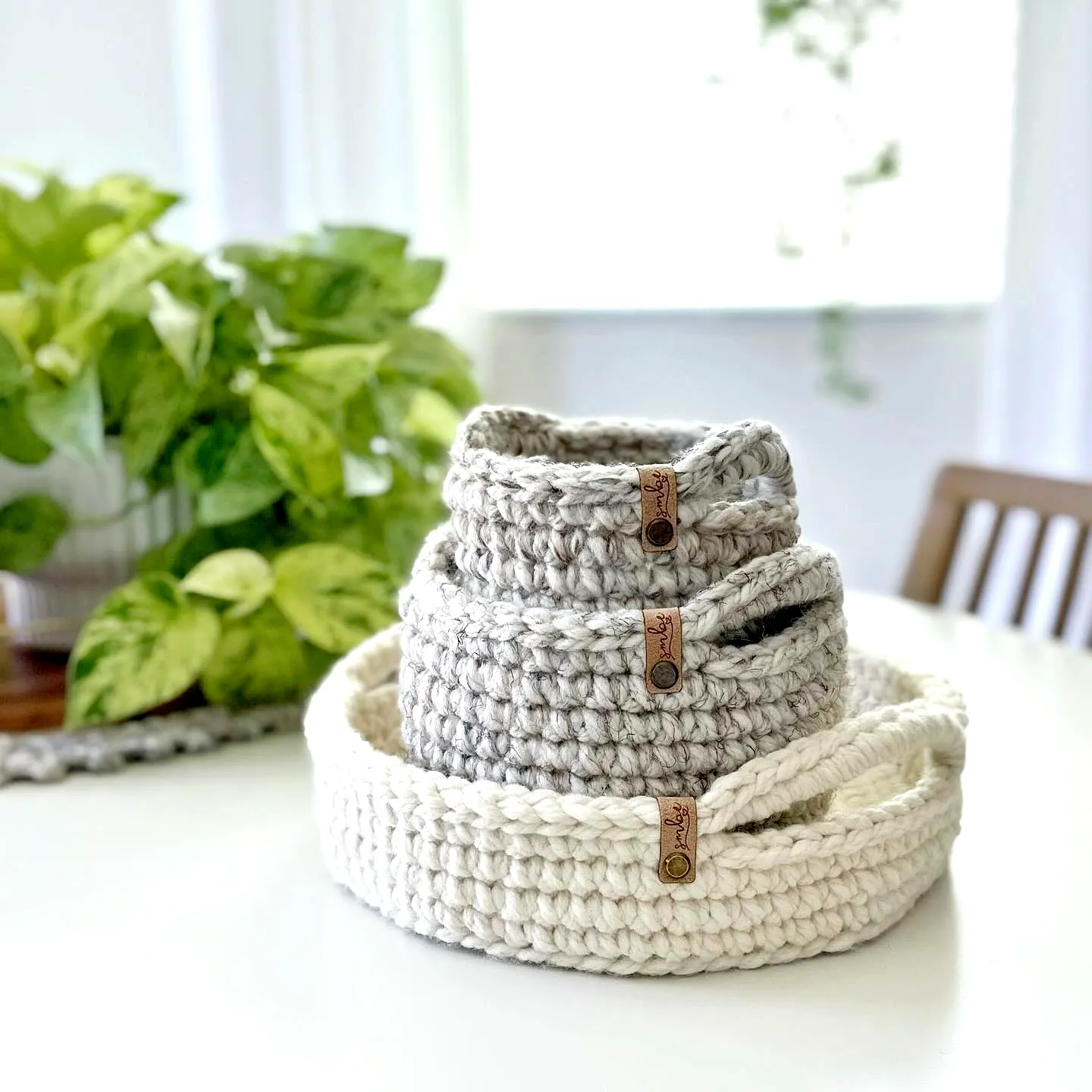 Chic Crochet Basket Set in Soft Gray and Cream Tones
