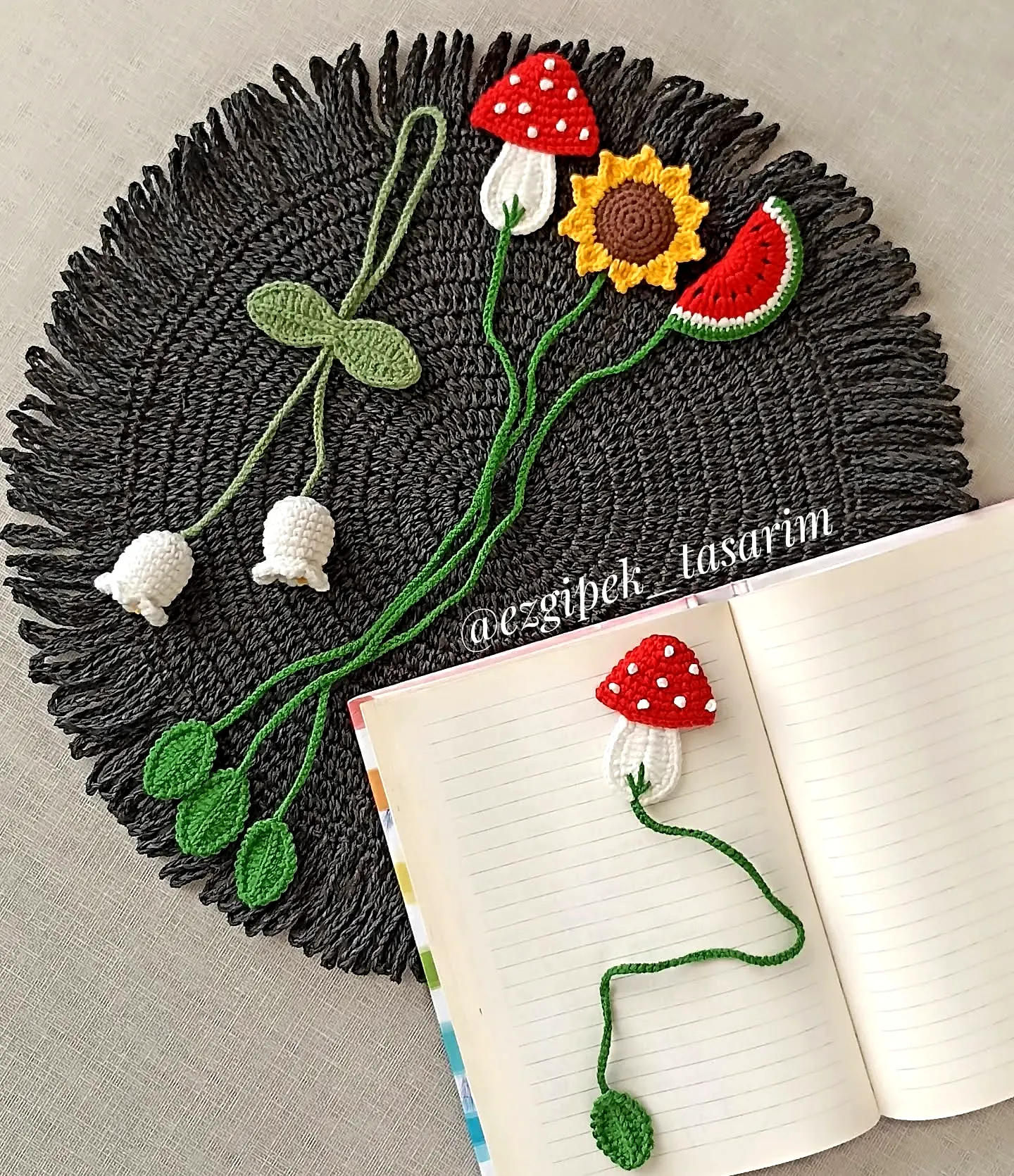 Colorful Crochet Bookmark with Mushroom Flower and Fruit Design