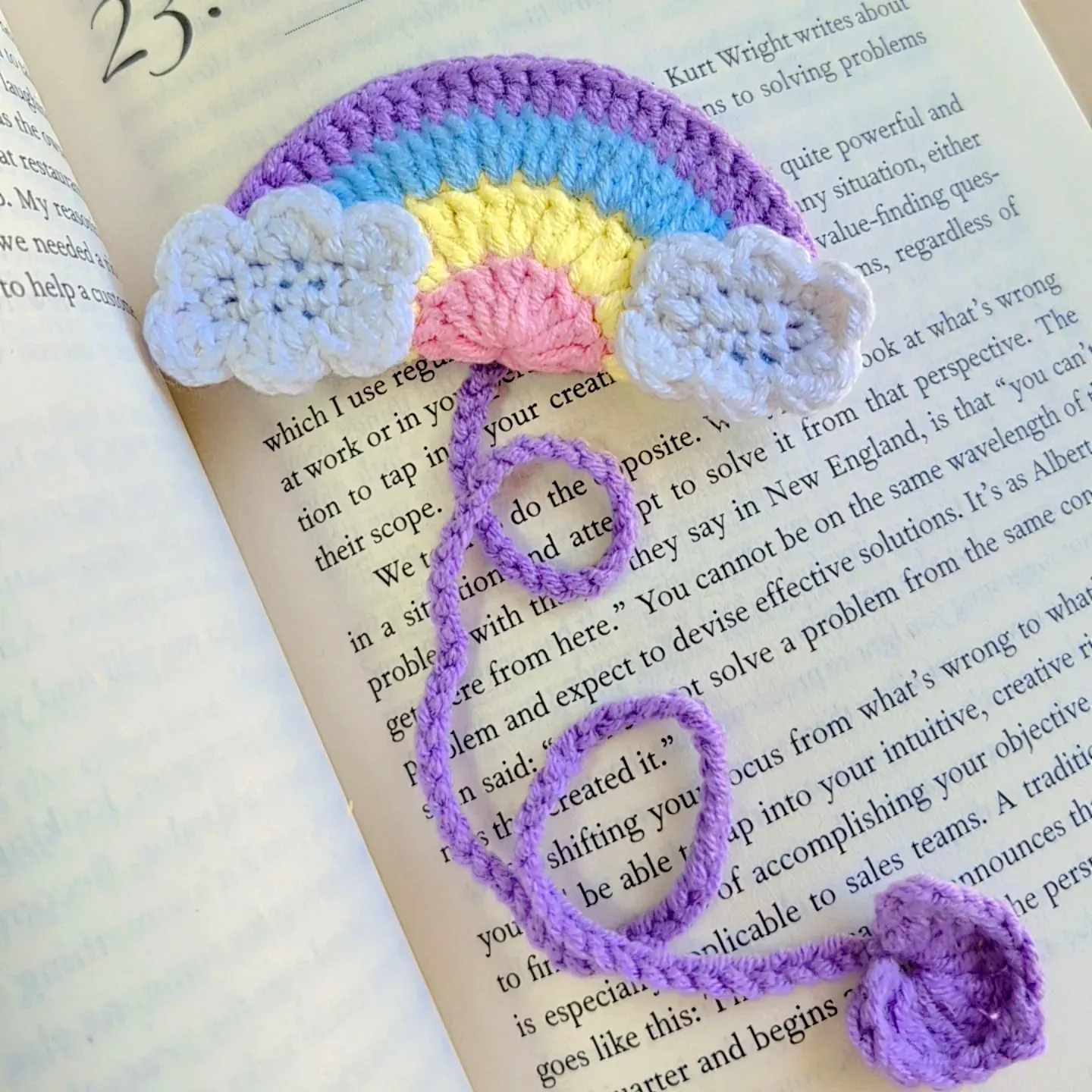 Colorful Crochet Bookmark with Rainbow Design and Clouds