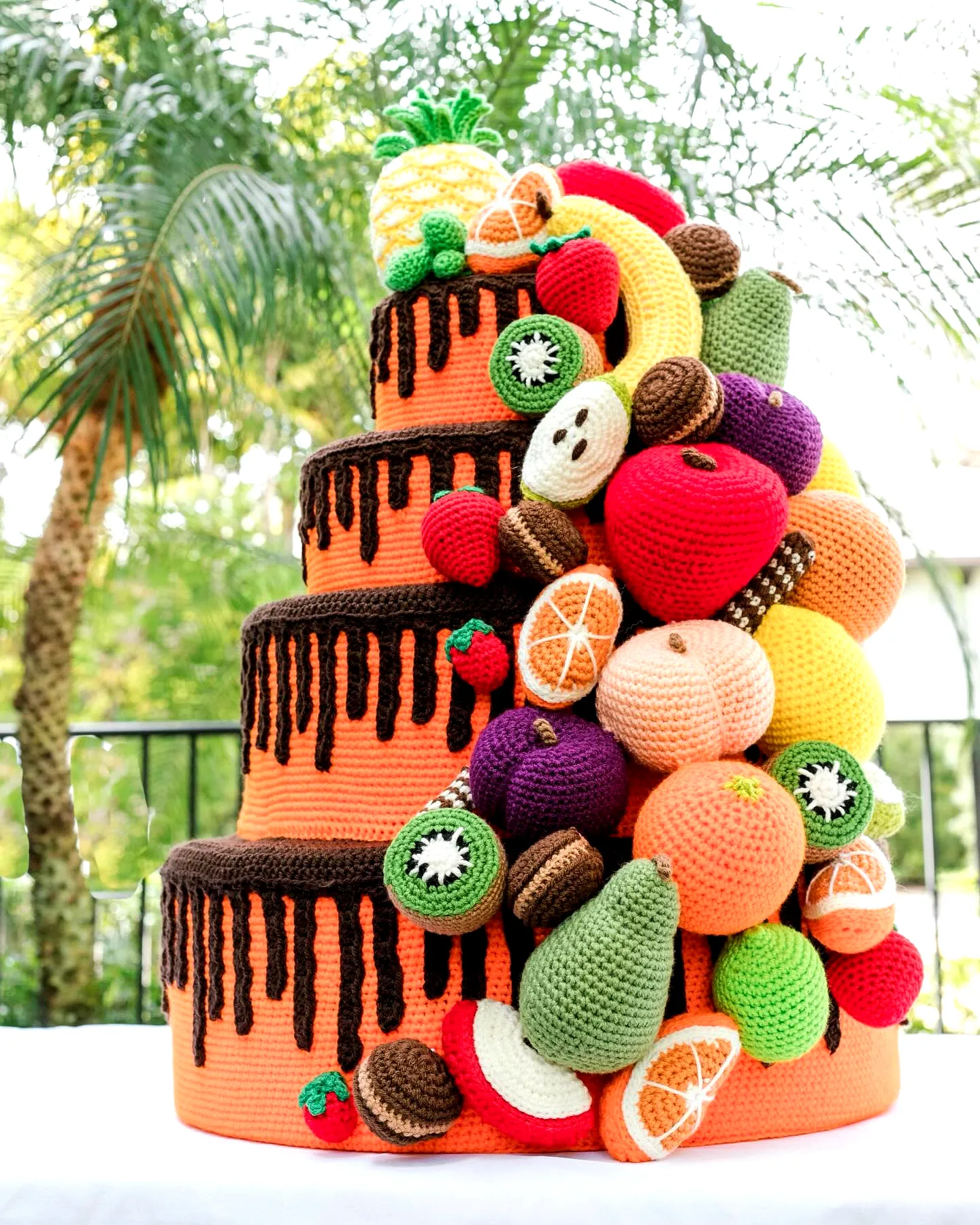 Colorful Crochet Cake Decoration with Fruits and Chocolate Drips