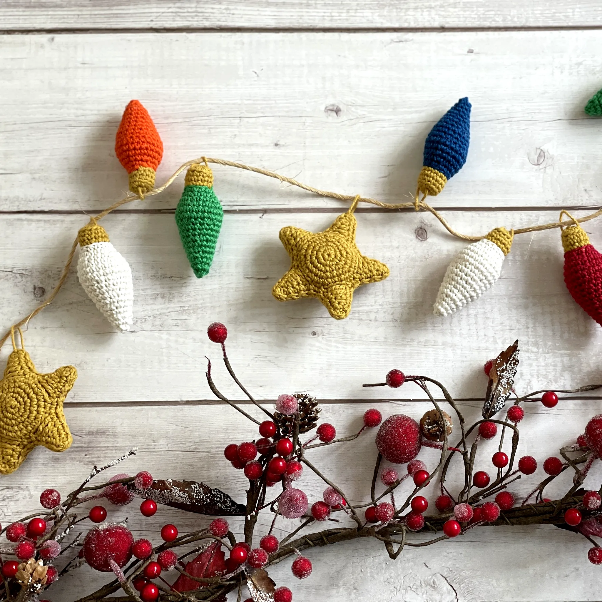 Colorful Crochet Christmas Garland with Lights and Stars