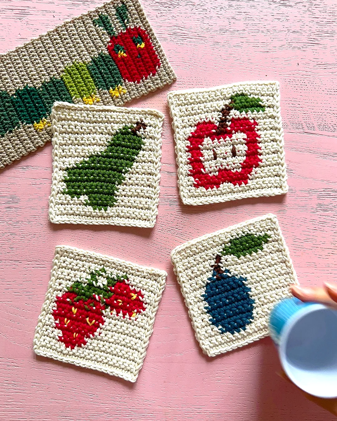 Colorful Crochet Coaster Set with Playful Fruit and Vegetable Design
