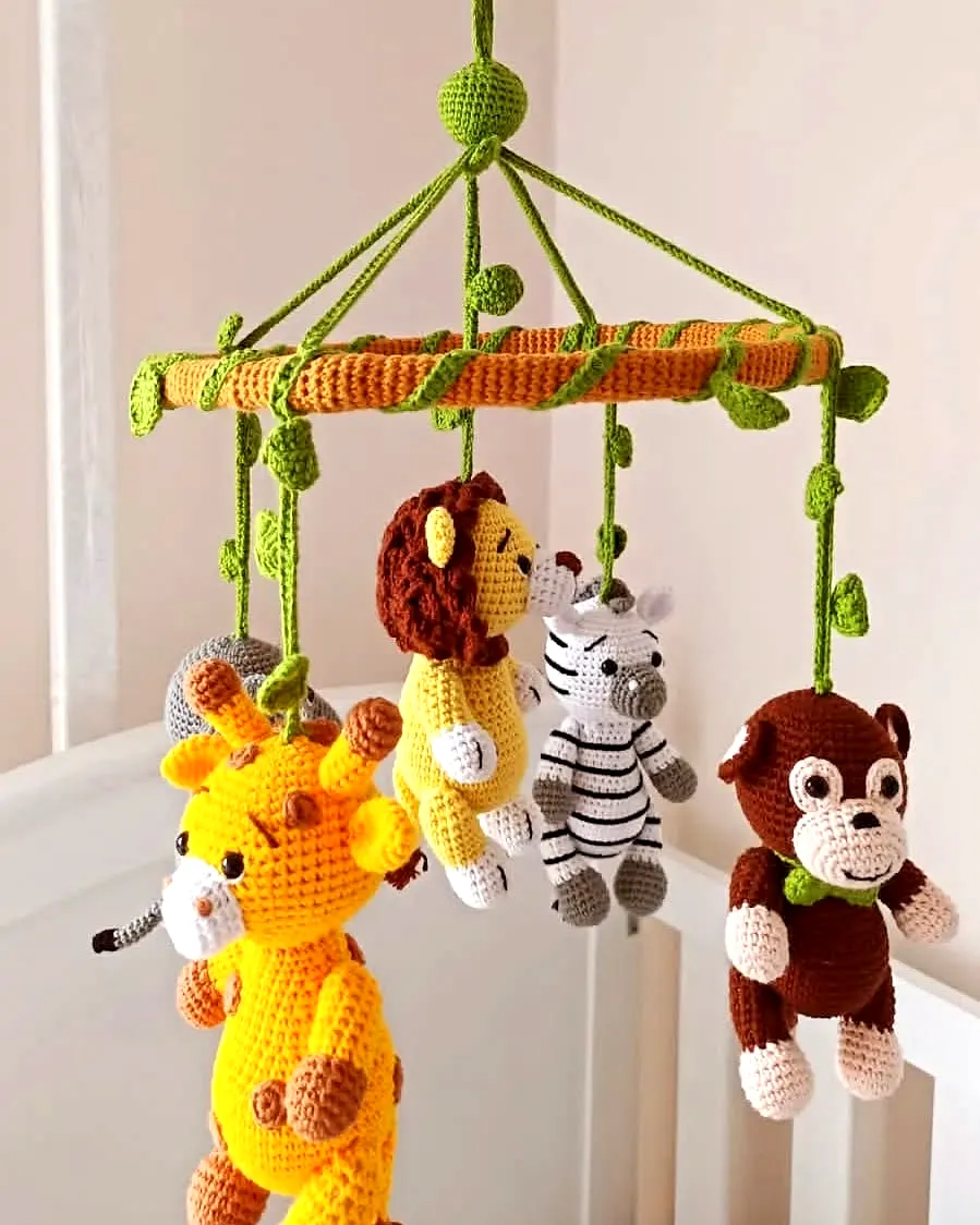 Colorful Crochet Crib Mobile with Adorable Jungle Animals