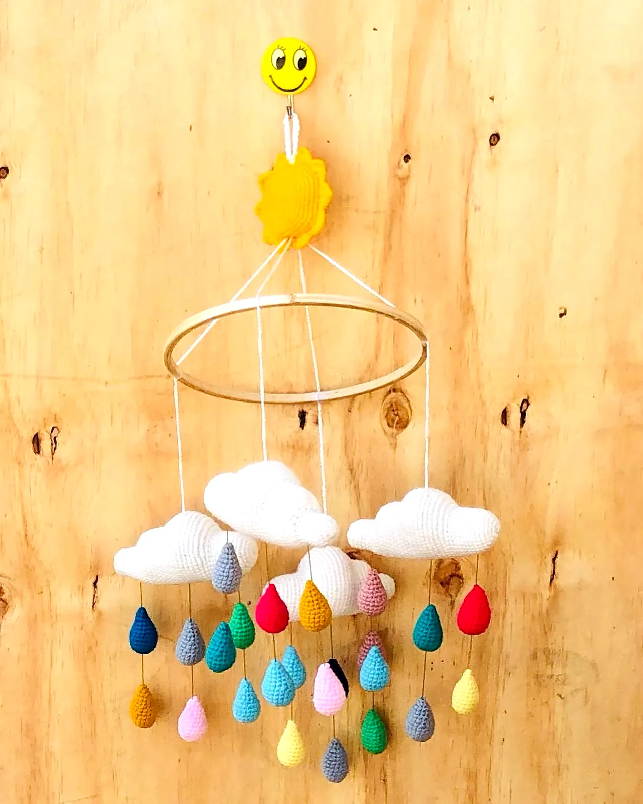 Colorful Crochet Crib Mobile with Clouds and Raindrops
