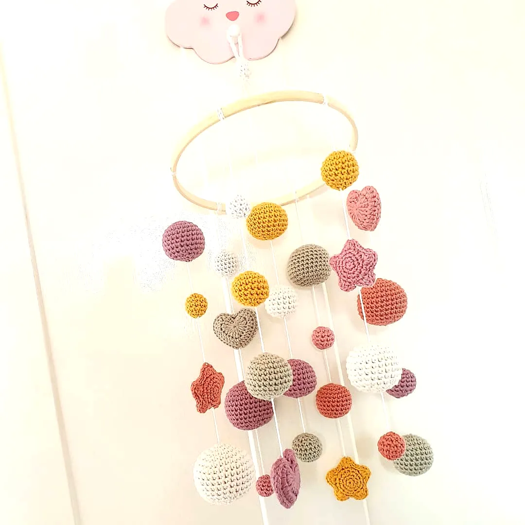 Colorful Crochet Crib Mobile with Spheres and Stars for Nurseries