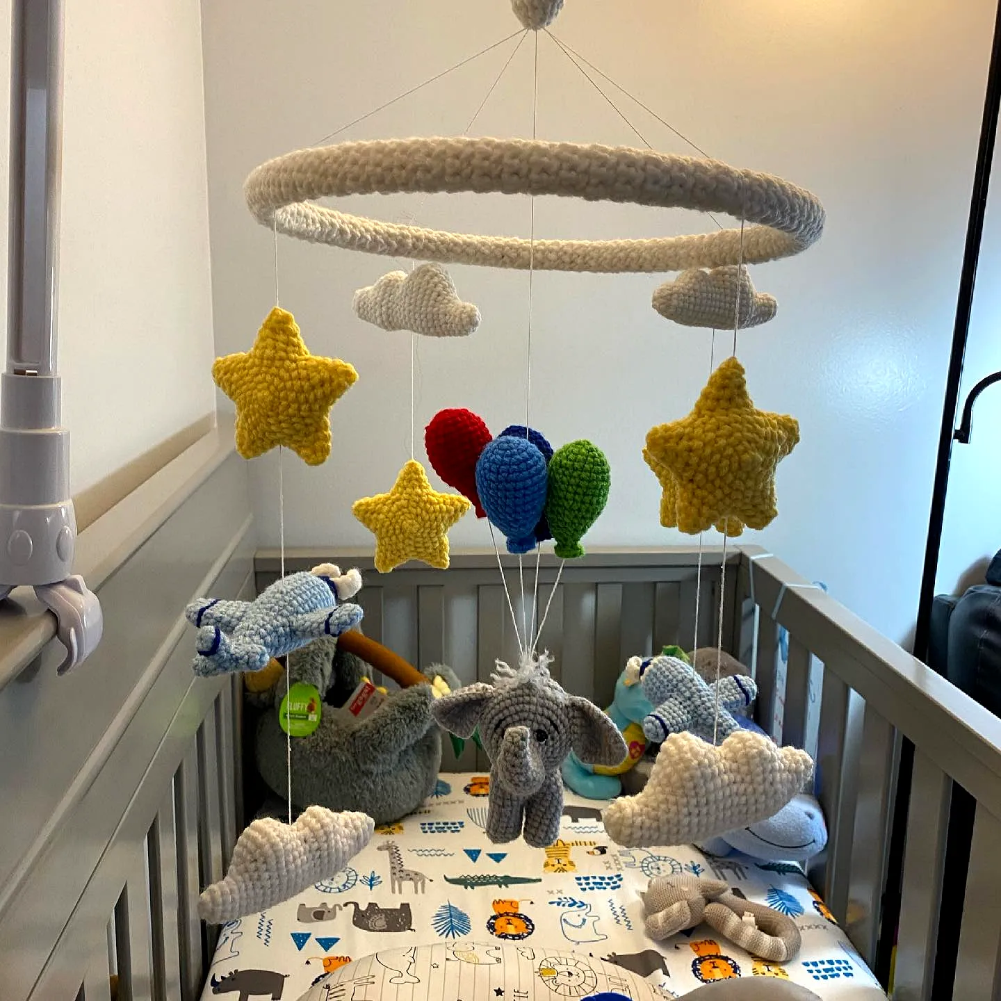 Colorful Crochet Crib Mobile with Stars Clouds and Elephant